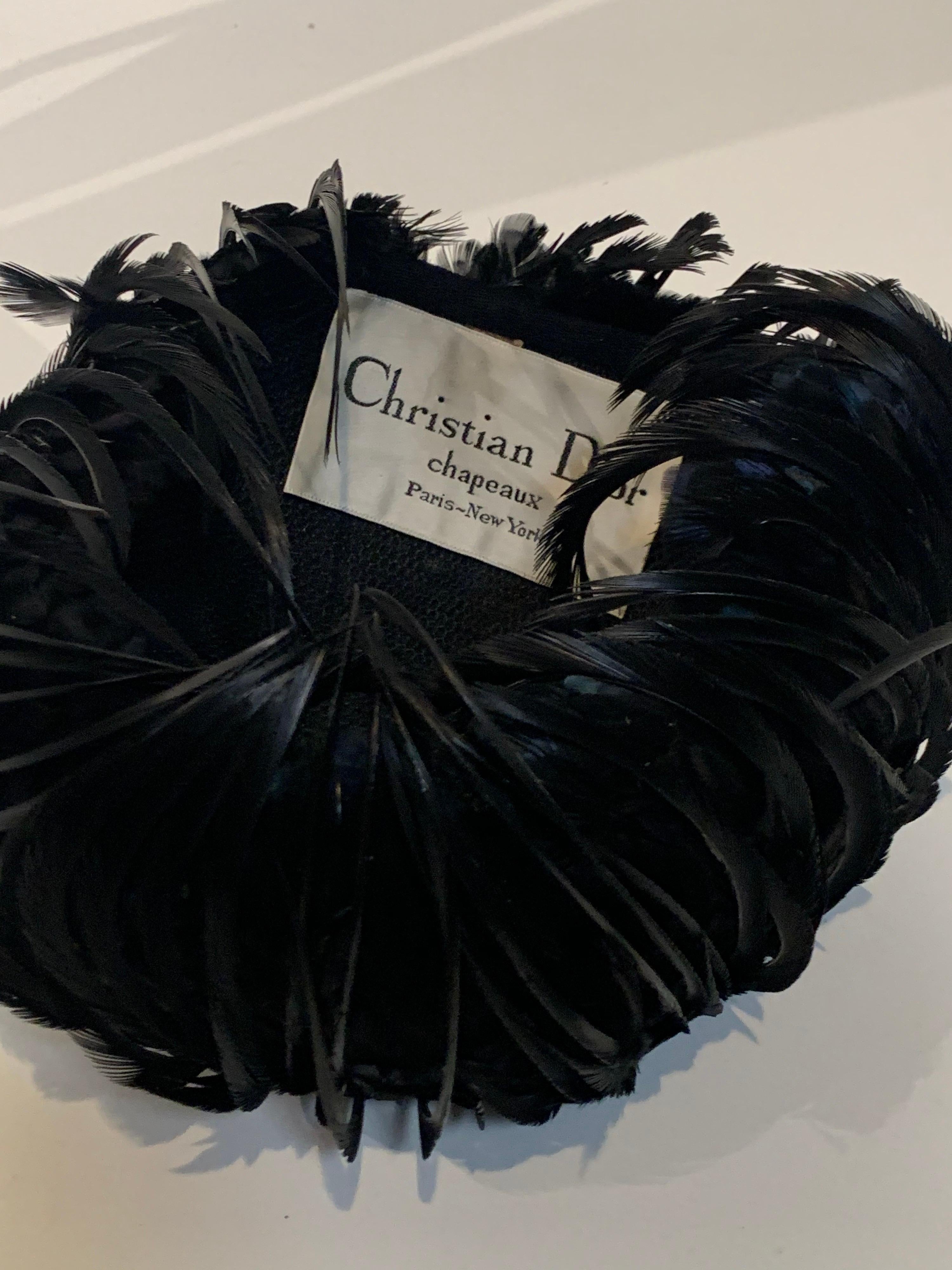 1960 Christian Dior By Marc Bohan Black Feather & Quill Structured Cocktail Hat For Sale 1