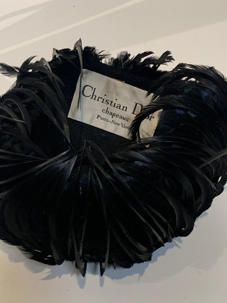 1960 Christian Dior By Marc Bohan Black Feather & Quill Structured Cocktail Hat For Sale 4