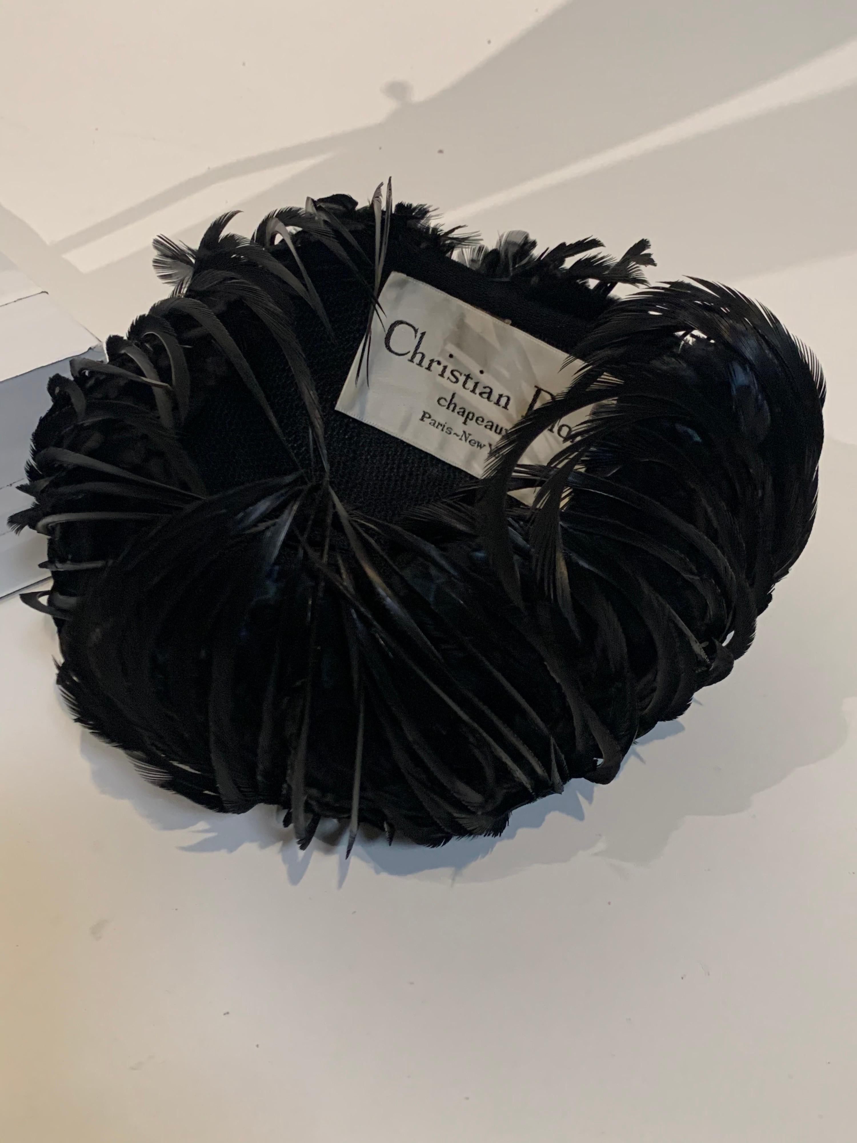 1960 Christian Dior By Marc Bohan Black Feather & Quill Structured Cocktail Hat For Sale 2
