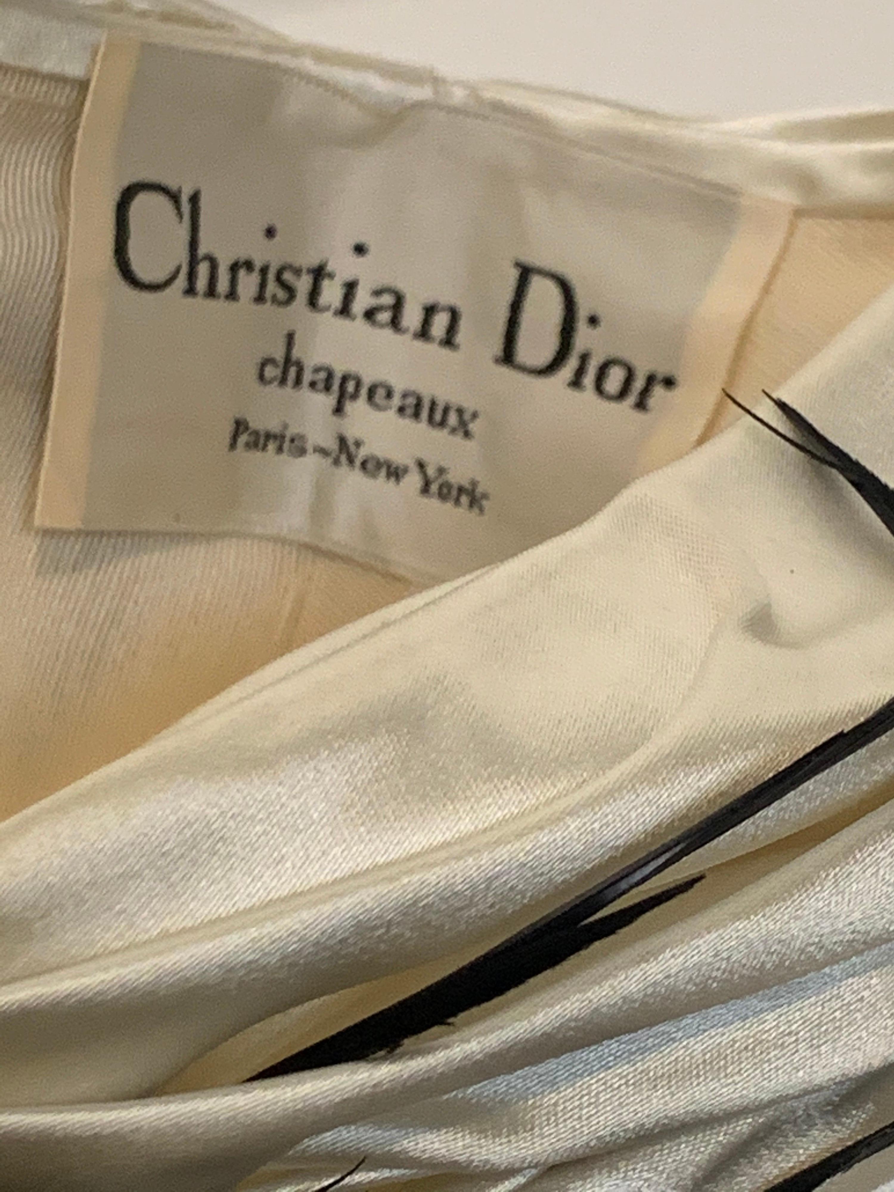 1960 Christian Dior By Marc Bohan Satin Pleated Turban w/Black Feather Spray For Sale 3
