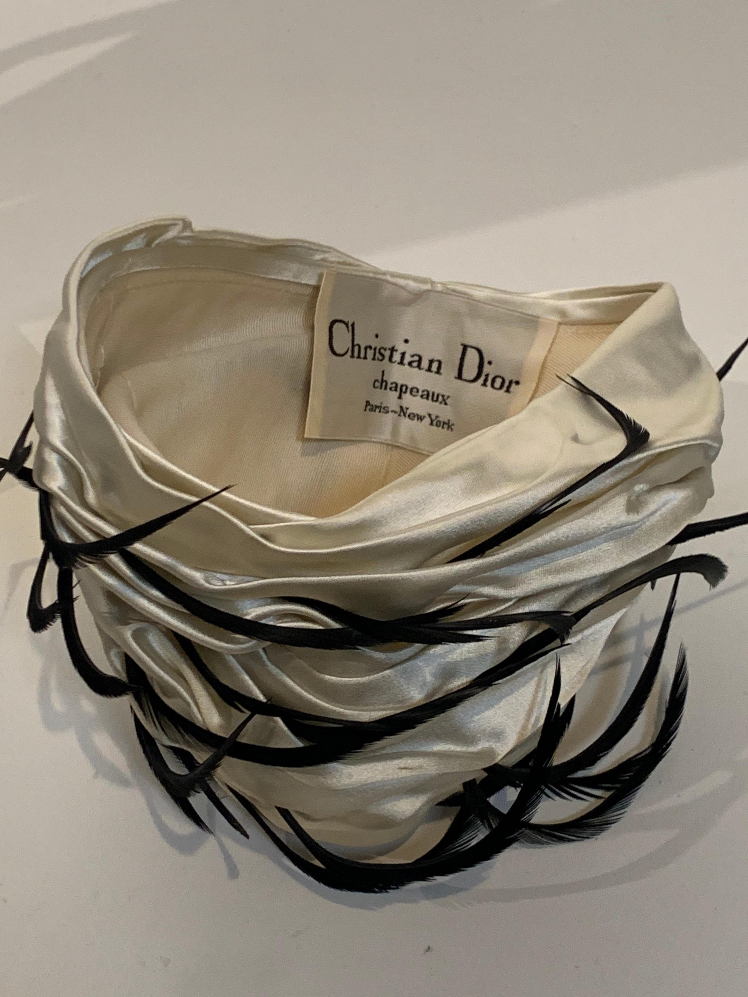 1960 Christian Dior By Marc Bohan Satin Pleated Turban w/Black Feather Spray For Sale 1