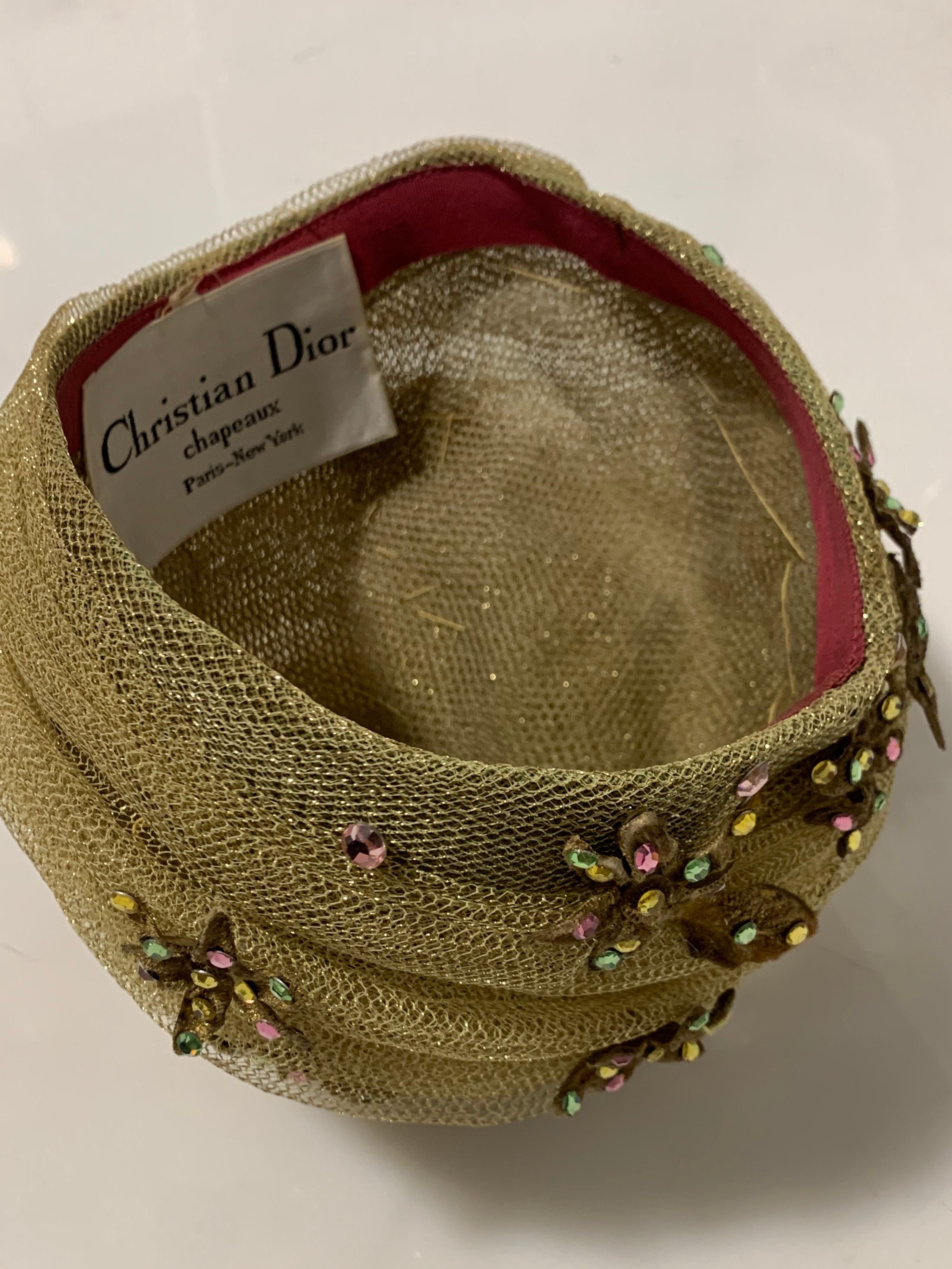 1960 Christian Dior Gold Mesh Turban W/ Metallic Jeweled Flowers By Marc Bohan 9