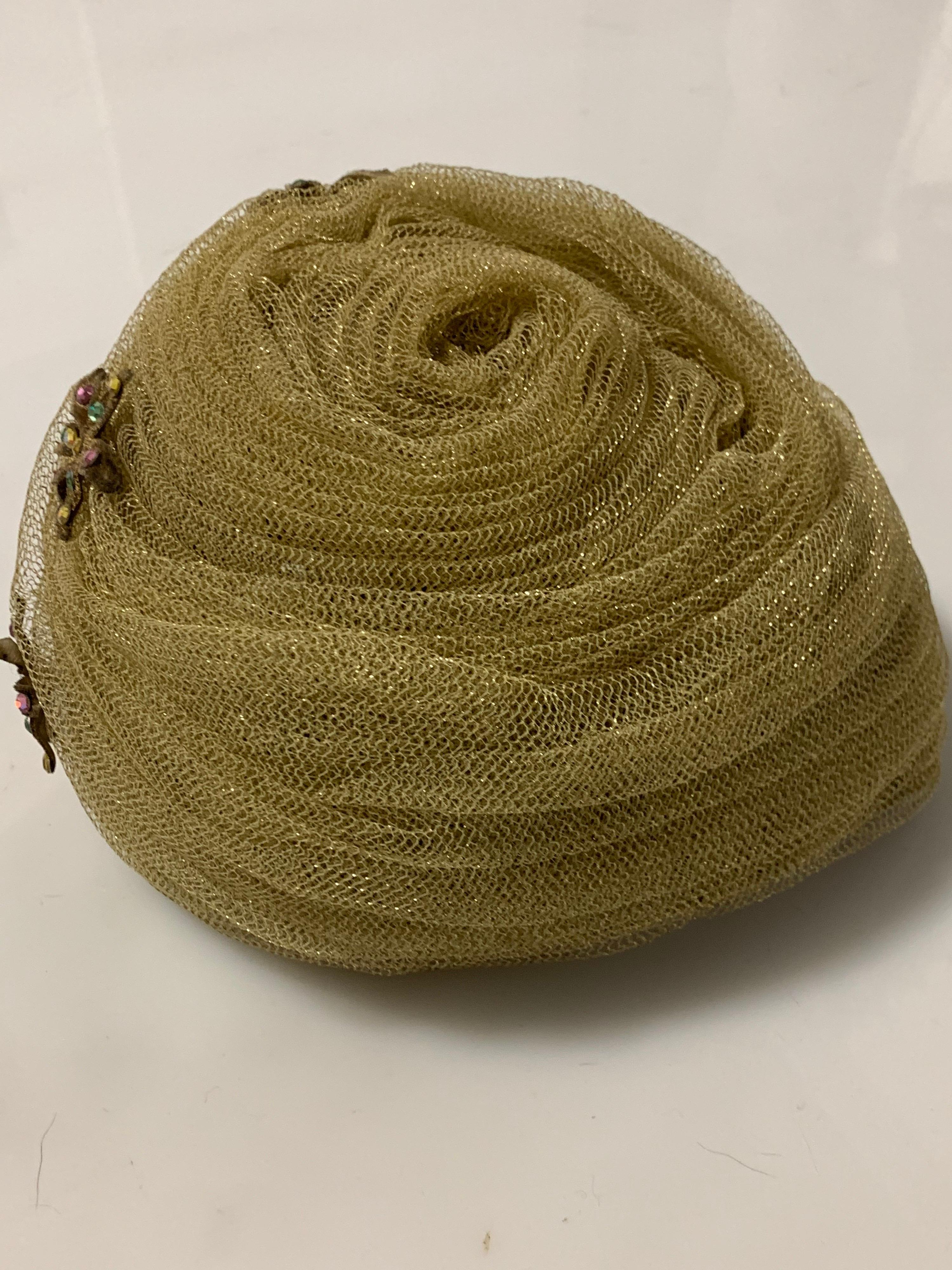 1960 Christian Dior Gold Mesh Turban W/ Metallic Jeweled Flowers By Marc Bohan 10