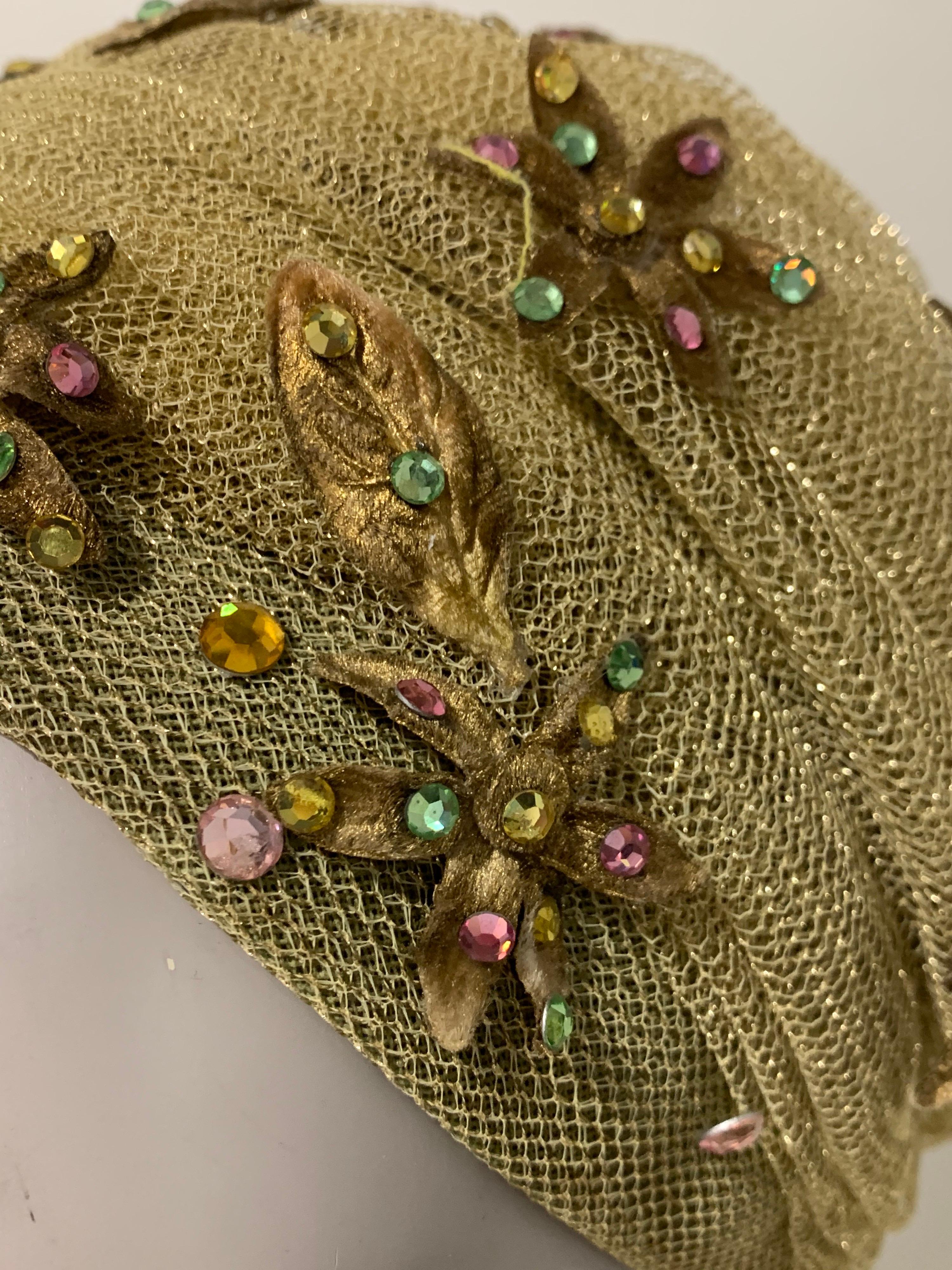 Brown 1960 Christian Dior Gold Mesh Turban W/ Metallic Jeweled Flowers By Marc Bohan