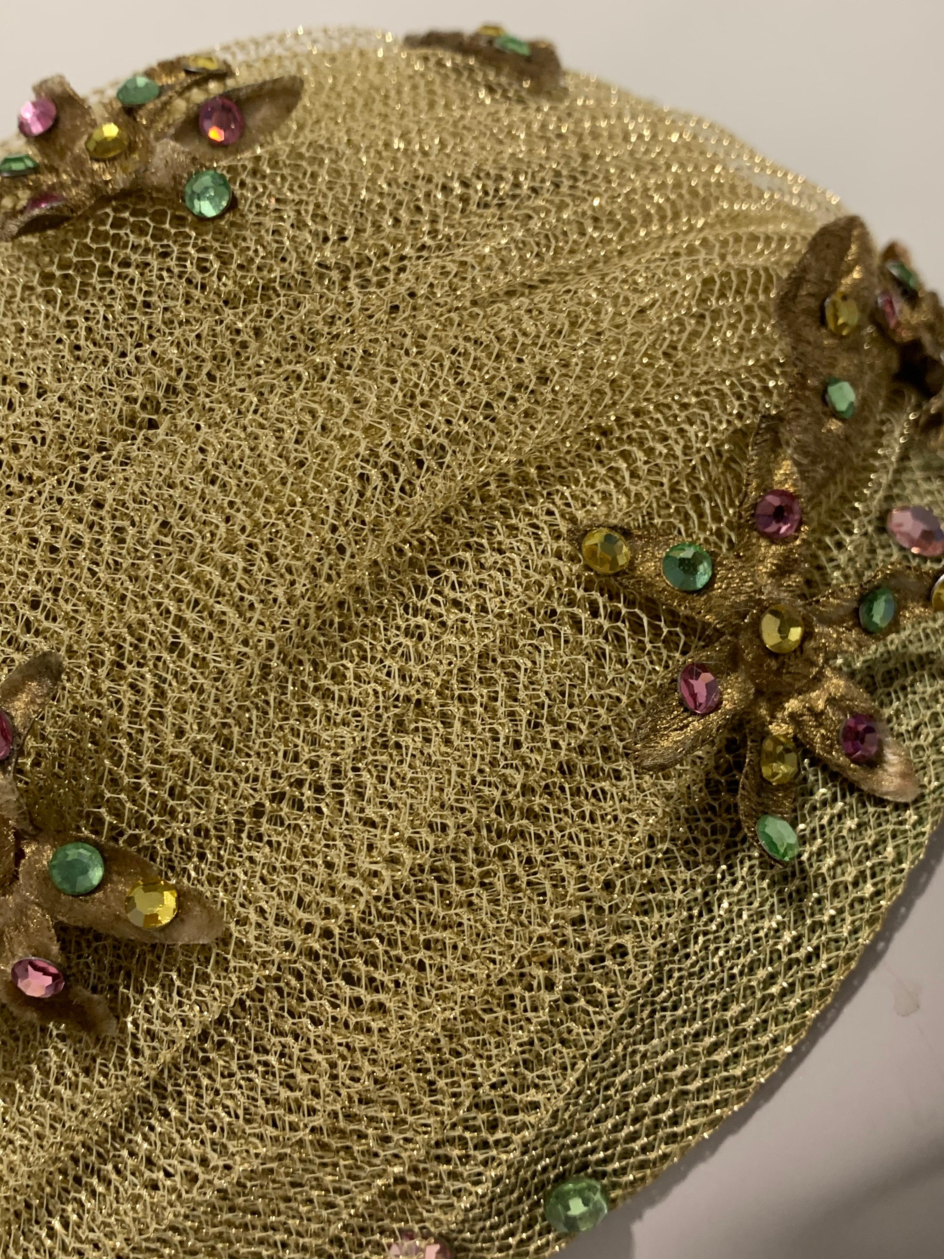 1960 Christian Dior Gold Mesh Turban W/ Metallic Jeweled Flowers By Marc Bohan In Excellent Condition In Gresham, OR