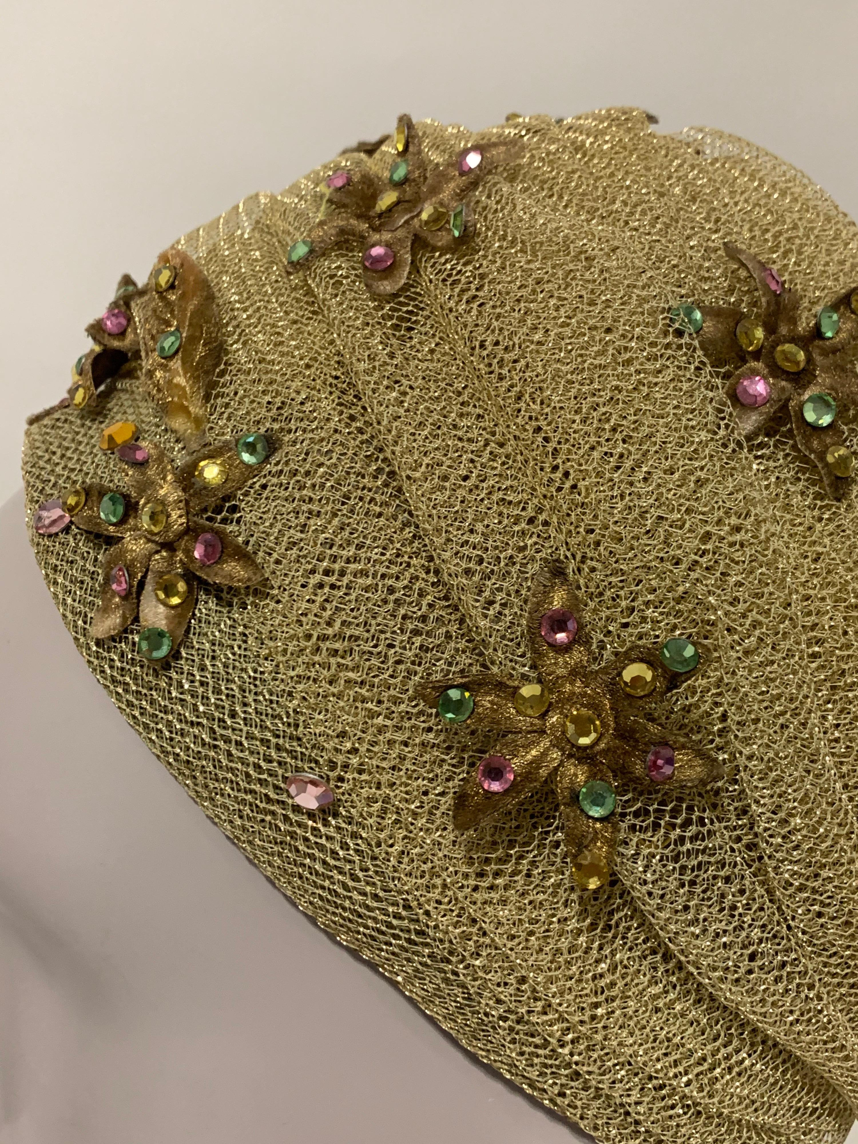 1960 Christian Dior Gold Mesh Turban W/ Metallic Jeweled Flowers By Marc Bohan 4