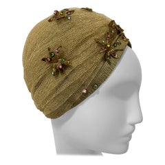 1960 Christian Dior Gold Mesh Turban W/ Metallic Jeweled Flowers By Marc Bohan