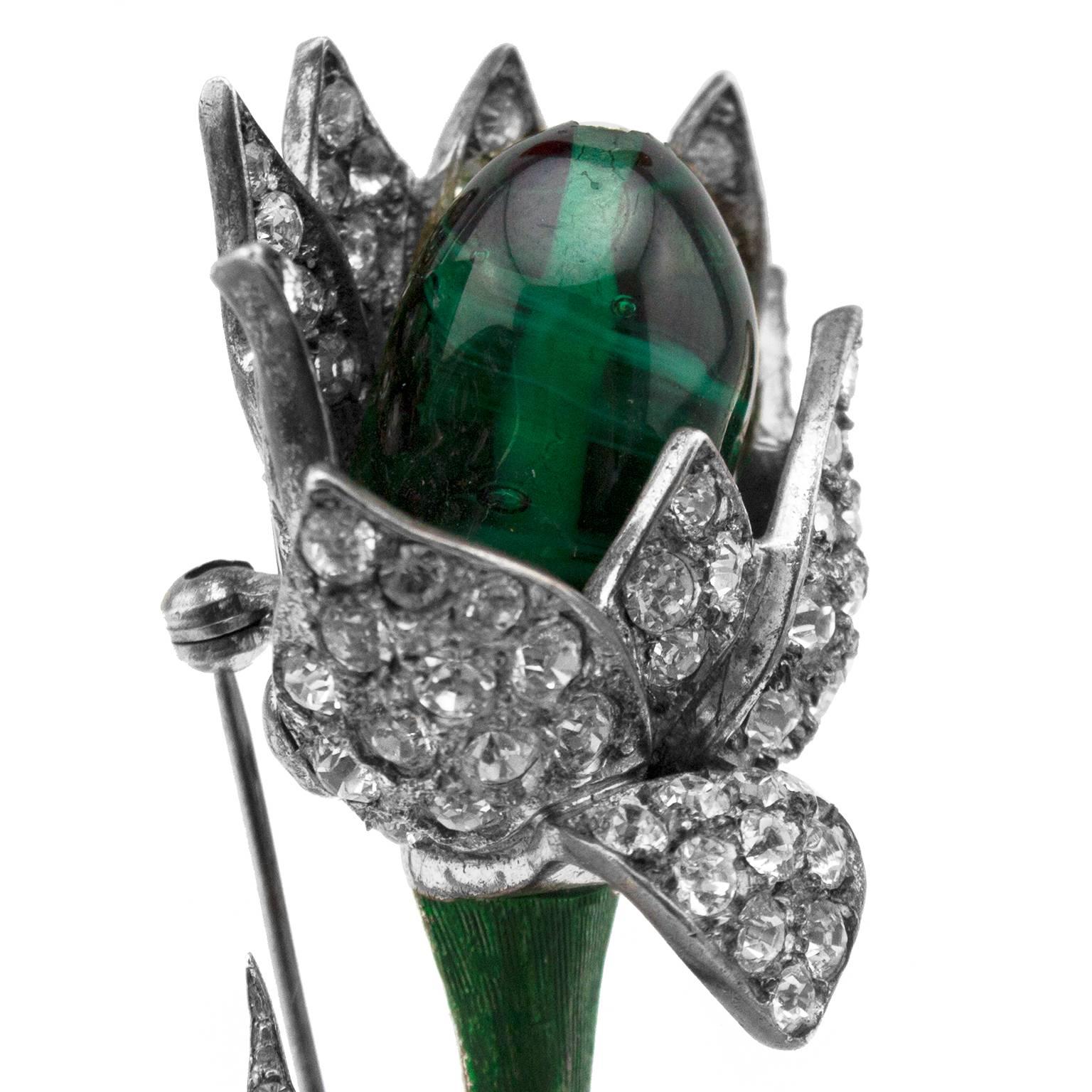 Women's or Men's 1960 Christian Dior Rhinestone and Emerald Green Cabochon Flower Brooch 