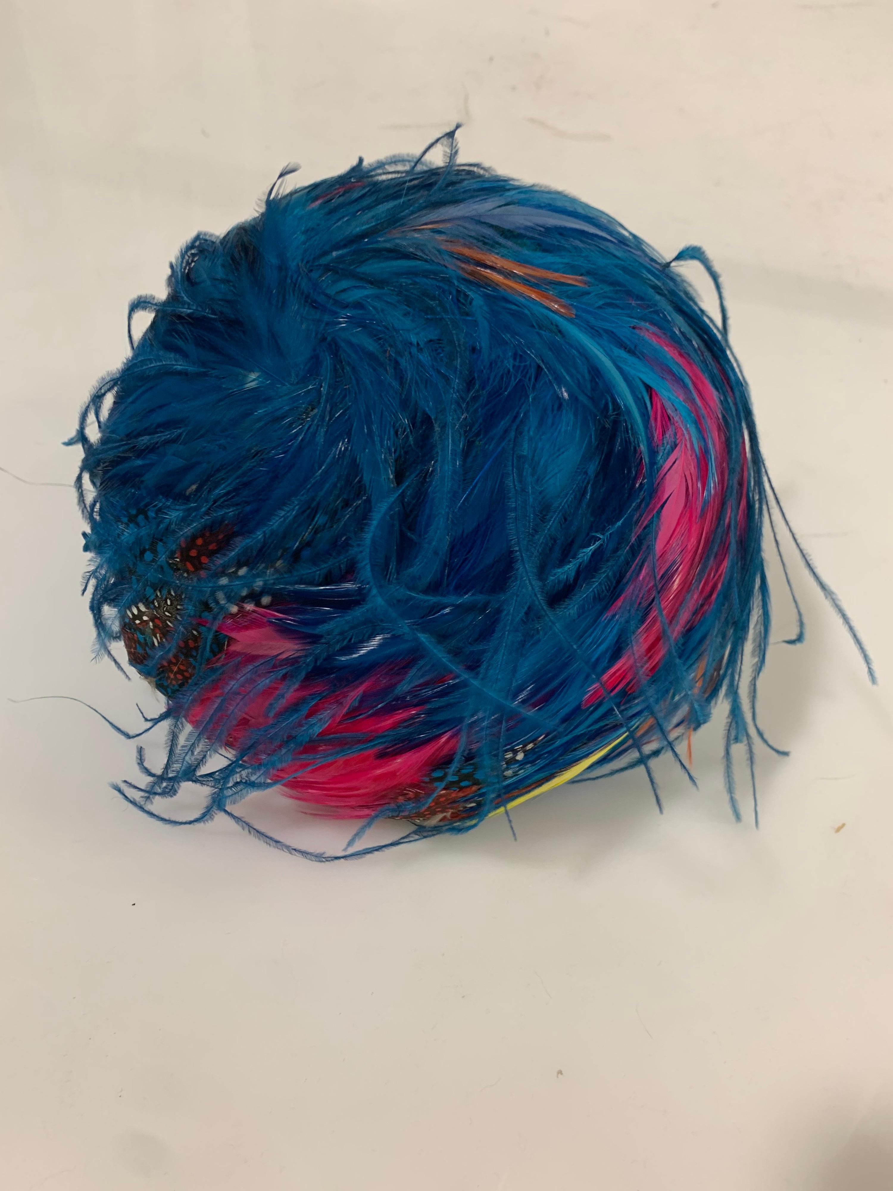 1960 Christian Dior Turquoise and Multicolor Feathered Bubble Hat  5
