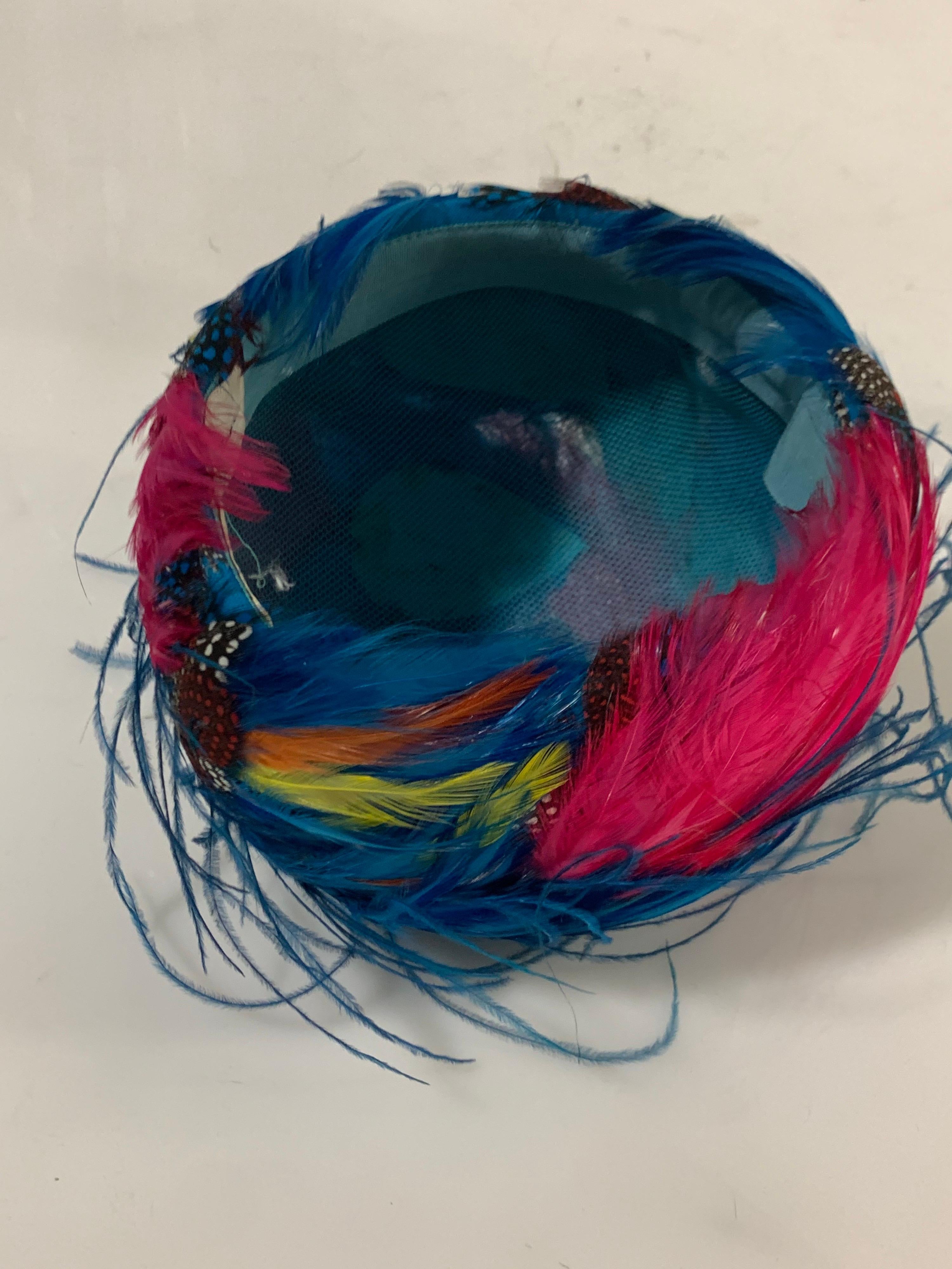 1960 Christian Dior Turquoise and Multicolor Feathered Bubble Hat  8