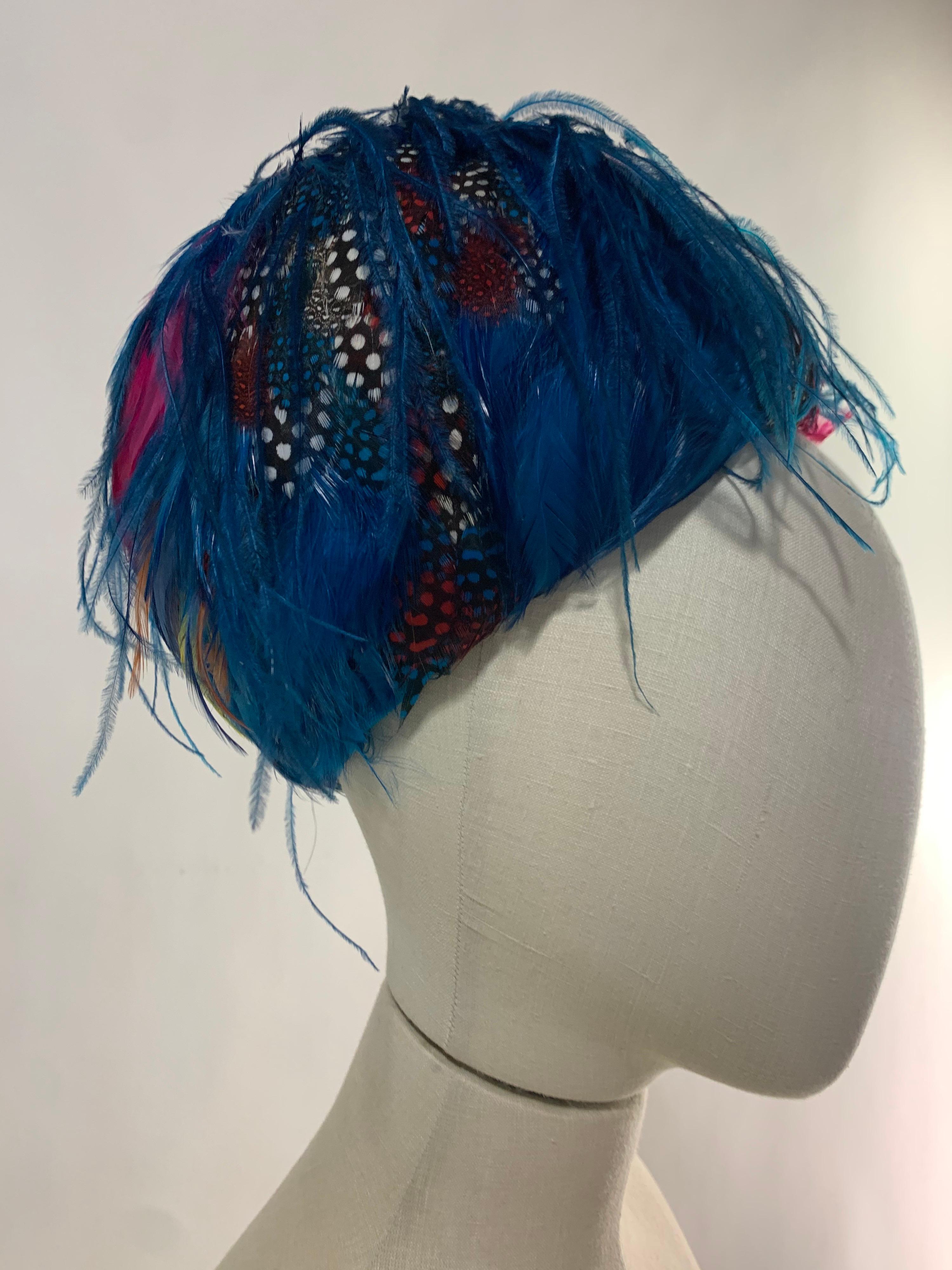Purple 1960 Christian Dior Turquoise and Multicolor Feathered Bubble Hat 