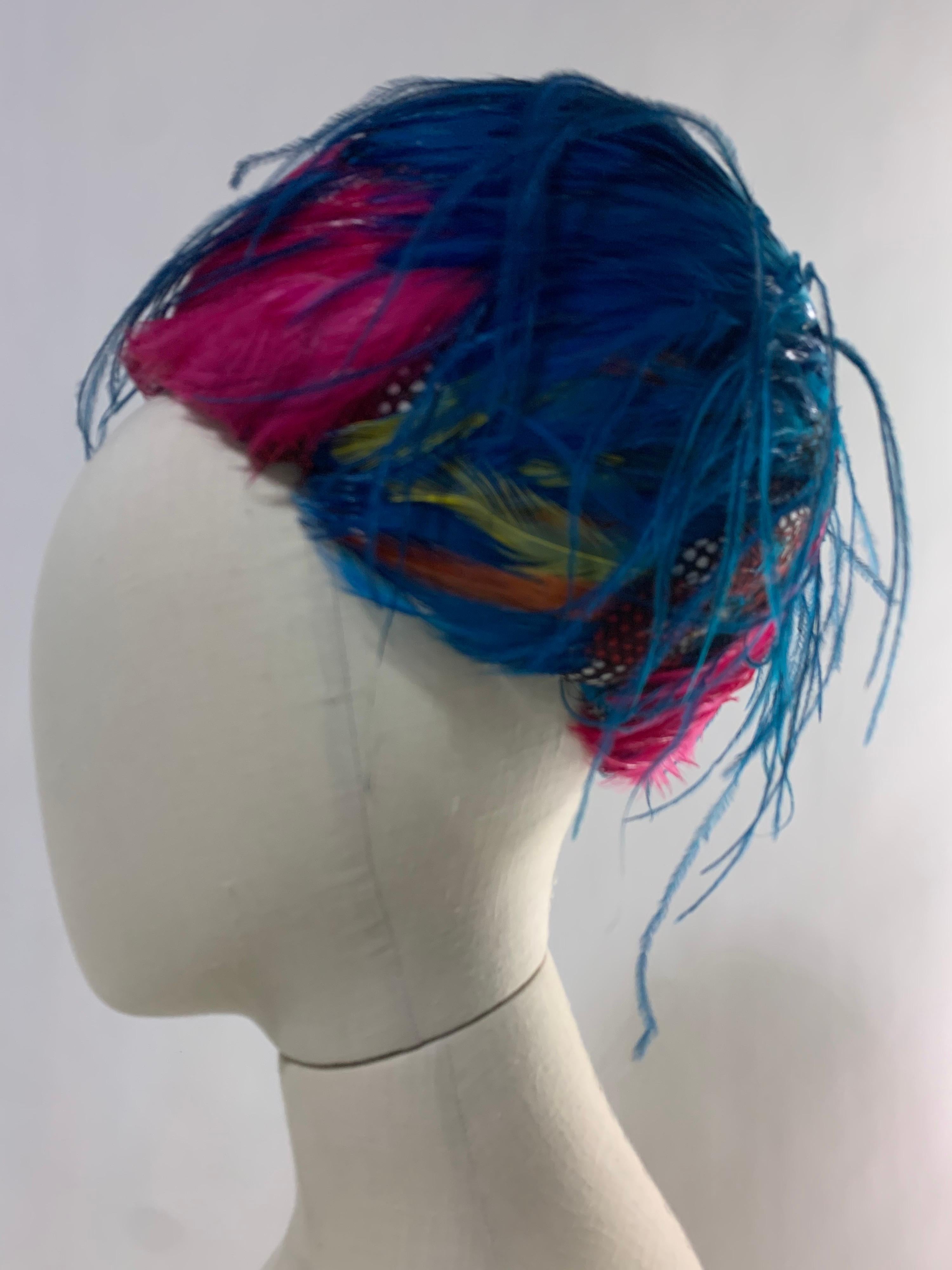 1960 Christian Dior Turquoise and Multicolor Feathered Bubble Hat  In Excellent Condition In Gresham, OR