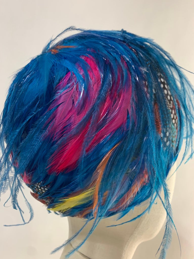 1960 Christian Dior Turquoise and Multicolor Feathered Bubble Hat at 1stDibs