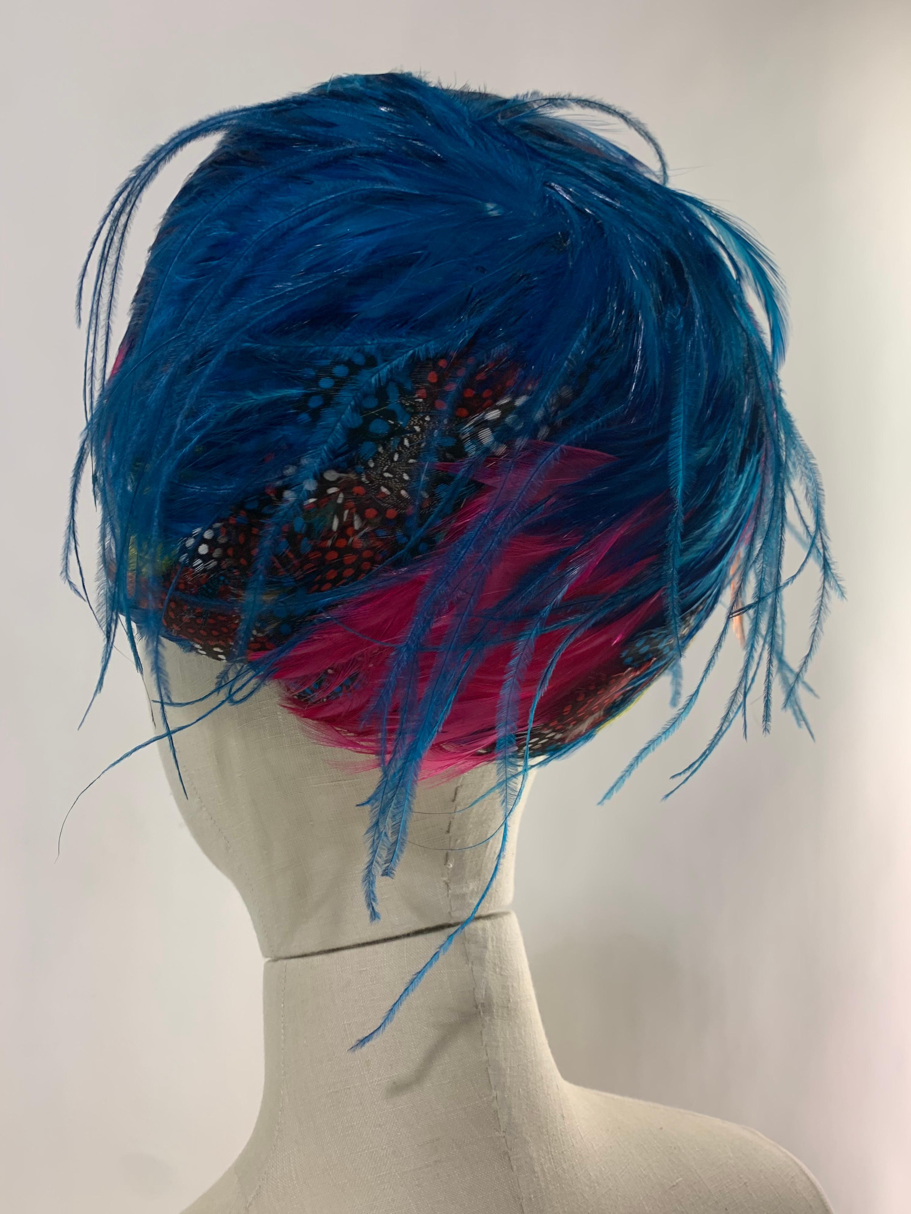 1960 Christian Dior Turquoise and Multicolor Feathered Bubble Hat  1