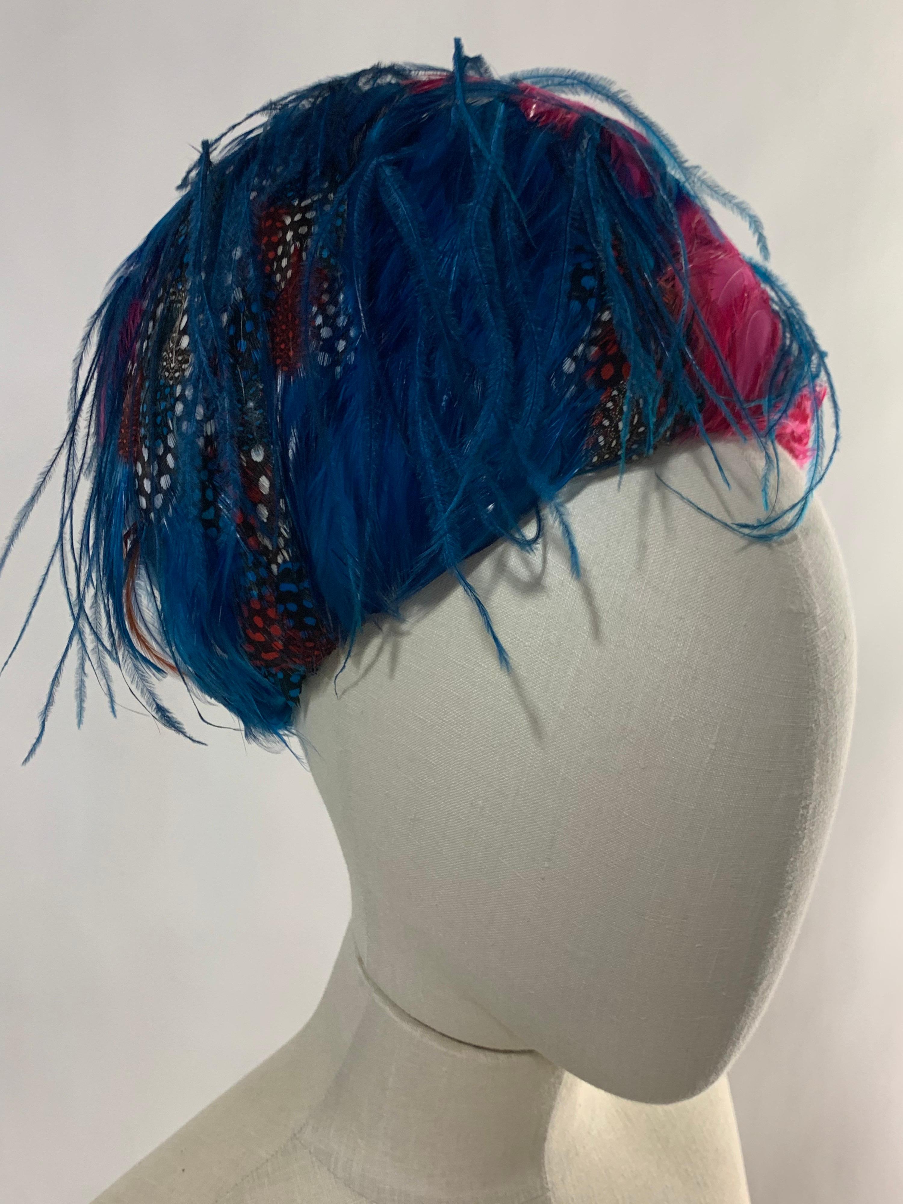 1960 Christian Dior Turquoise and Multicolor Feathered Bubble Hat  3