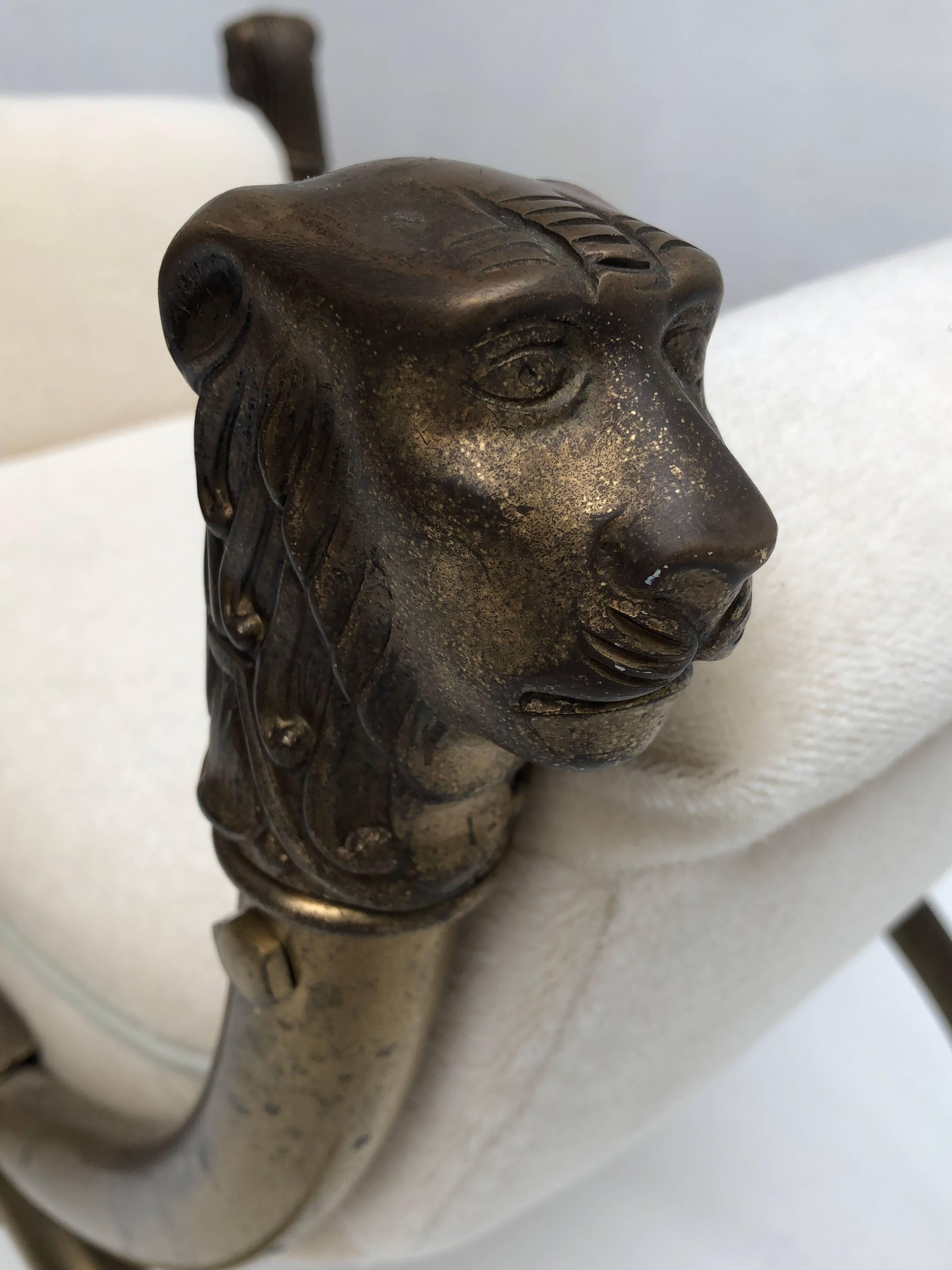 Empire Revival 1960 Classical Revival Brass Lion Head & Paw Stool or Bench in New Mohair Velvet