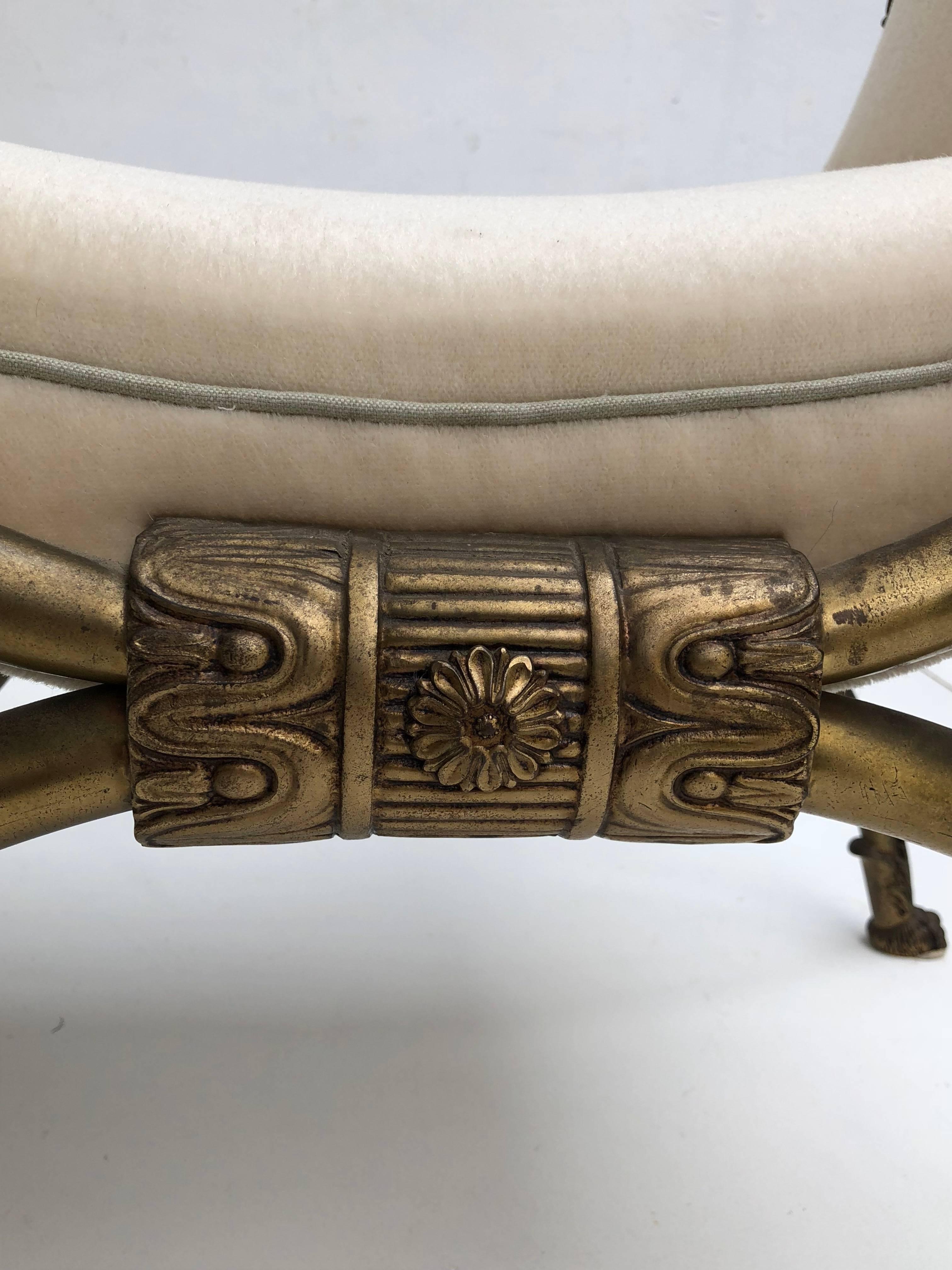 English 1960 Classical Revival Brass Lion Head & Paw Stool or Bench in New Mohair Velvet