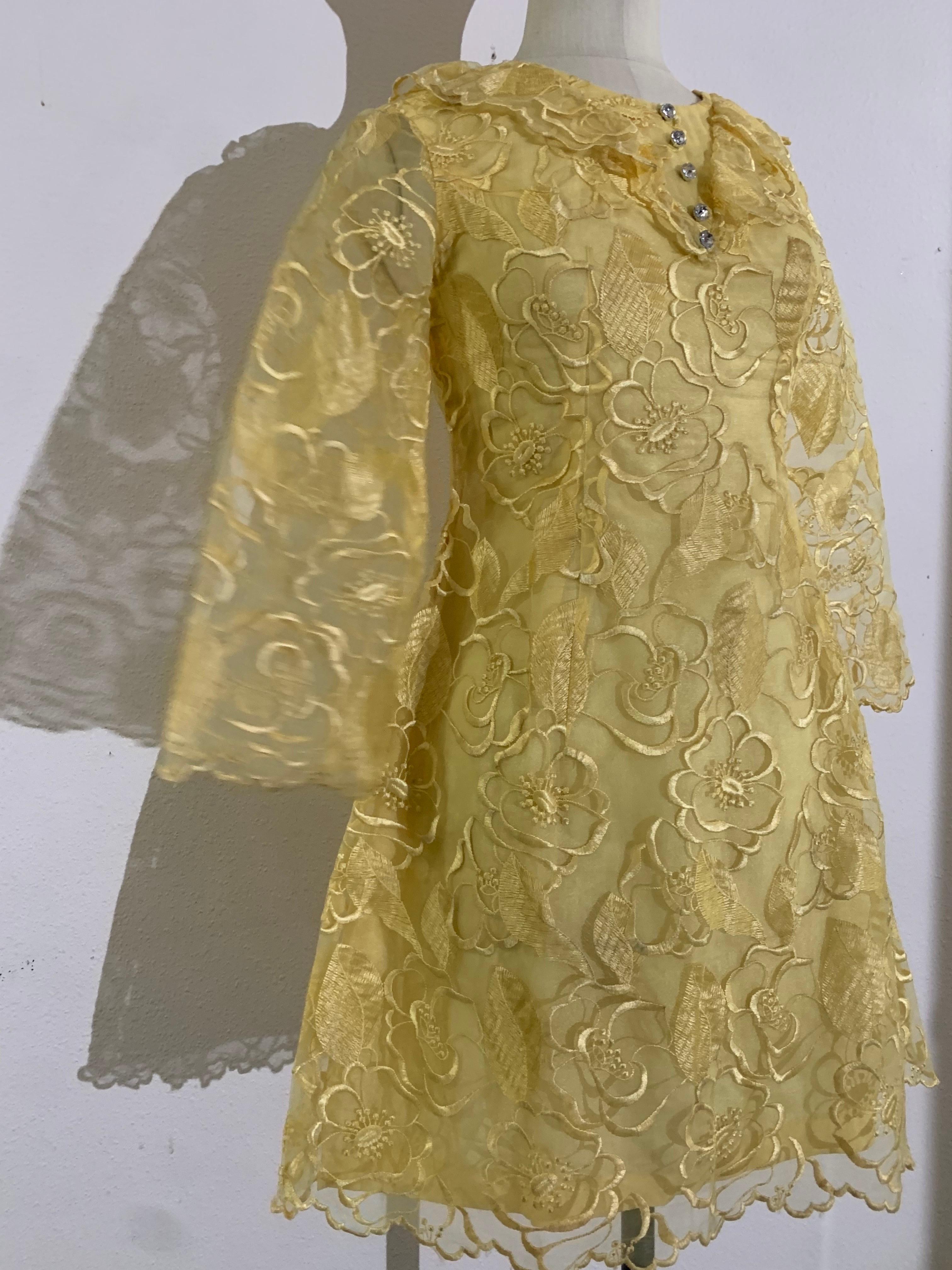 1960 Custom-Made Daffodil Yellow Embroidered Organza Mini Dress w Rhinestones In Excellent Condition For Sale In Gresham, OR