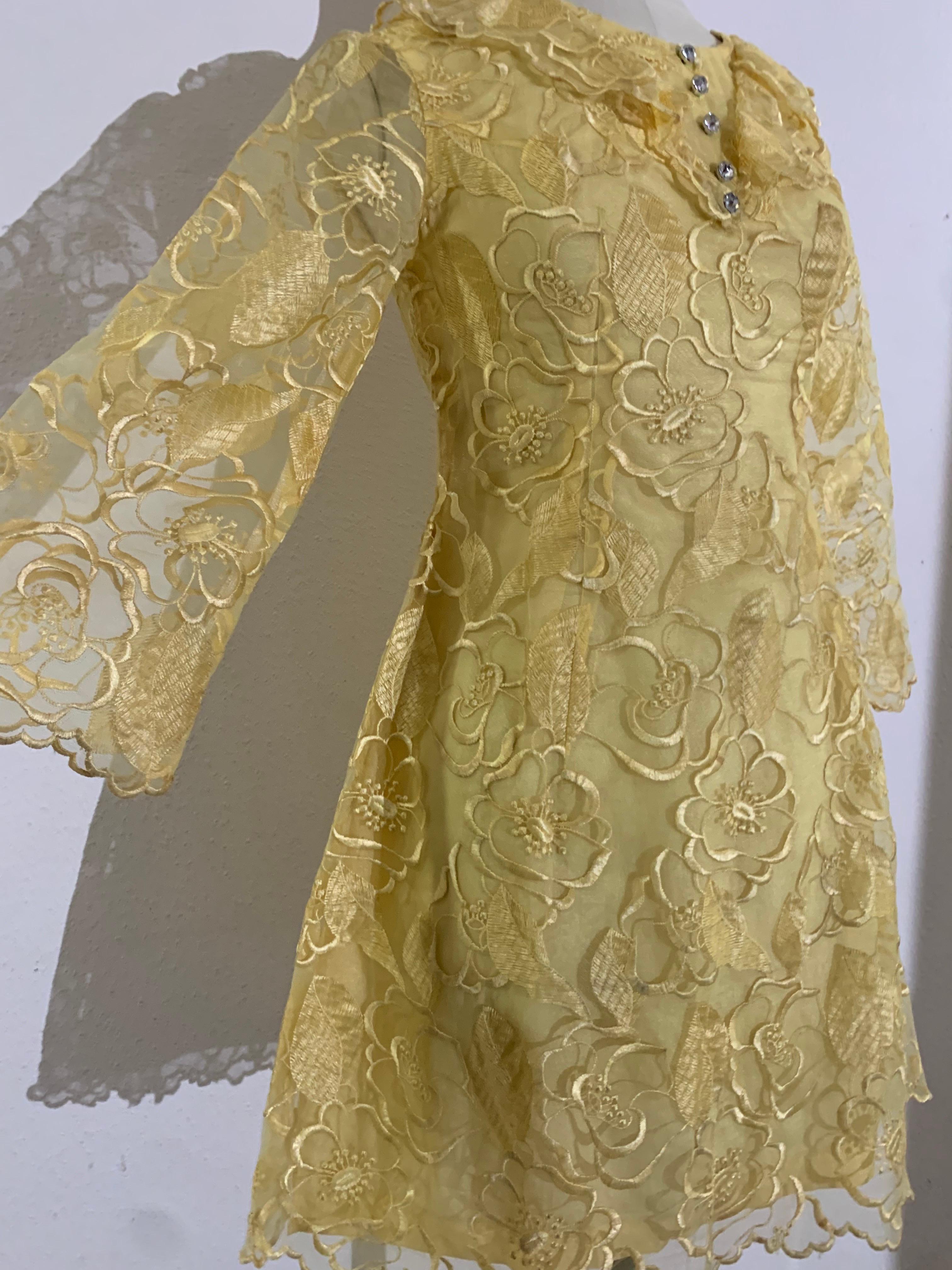 Women's 1960 Custom-Made Daffodil Yellow Embroidered Organza Mini Dress w Rhinestones For Sale