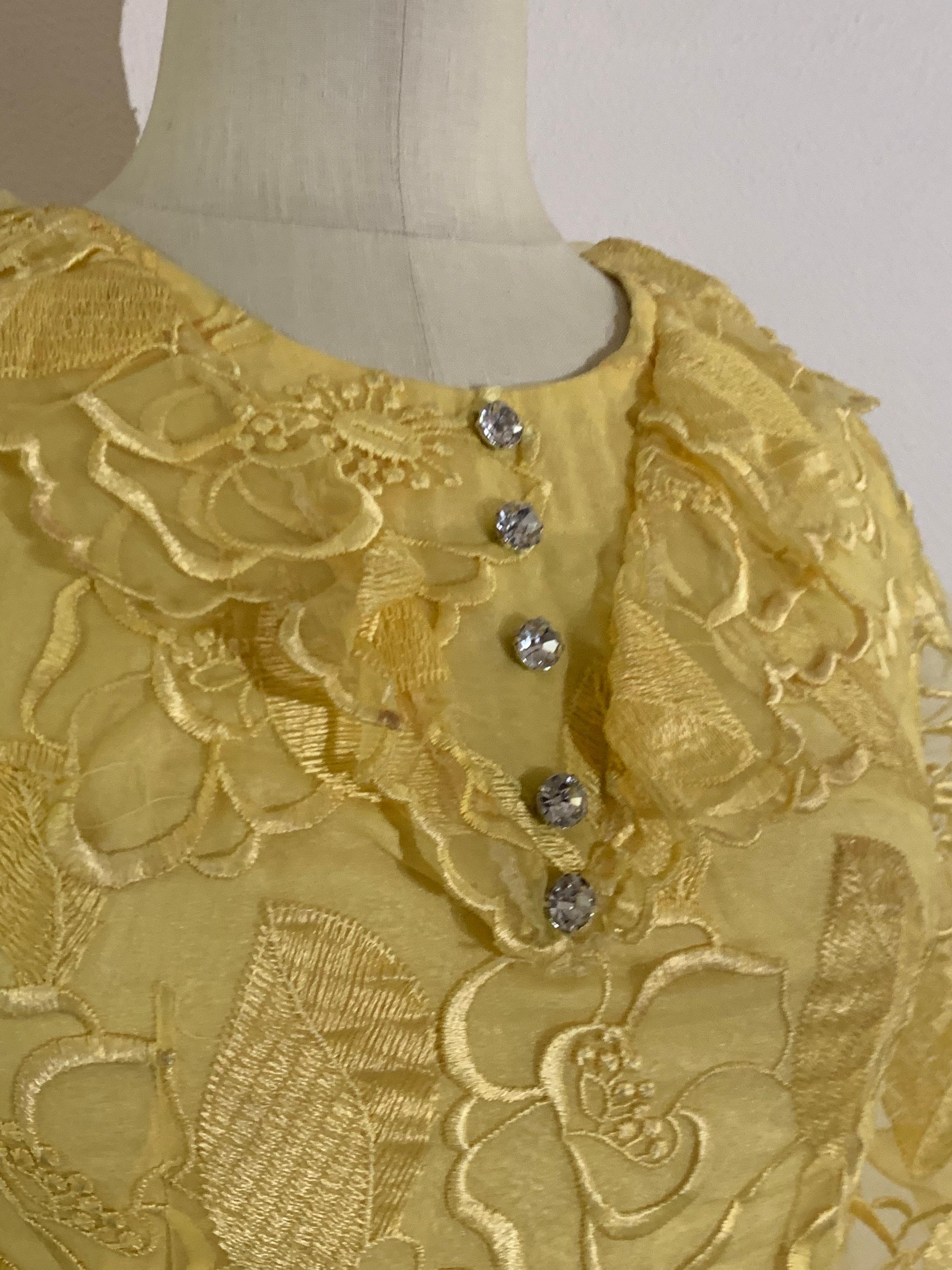 1960 Custom-Made Daffodil Yellow Embroidered Organza Mini Dress w Rhinestones For Sale 1