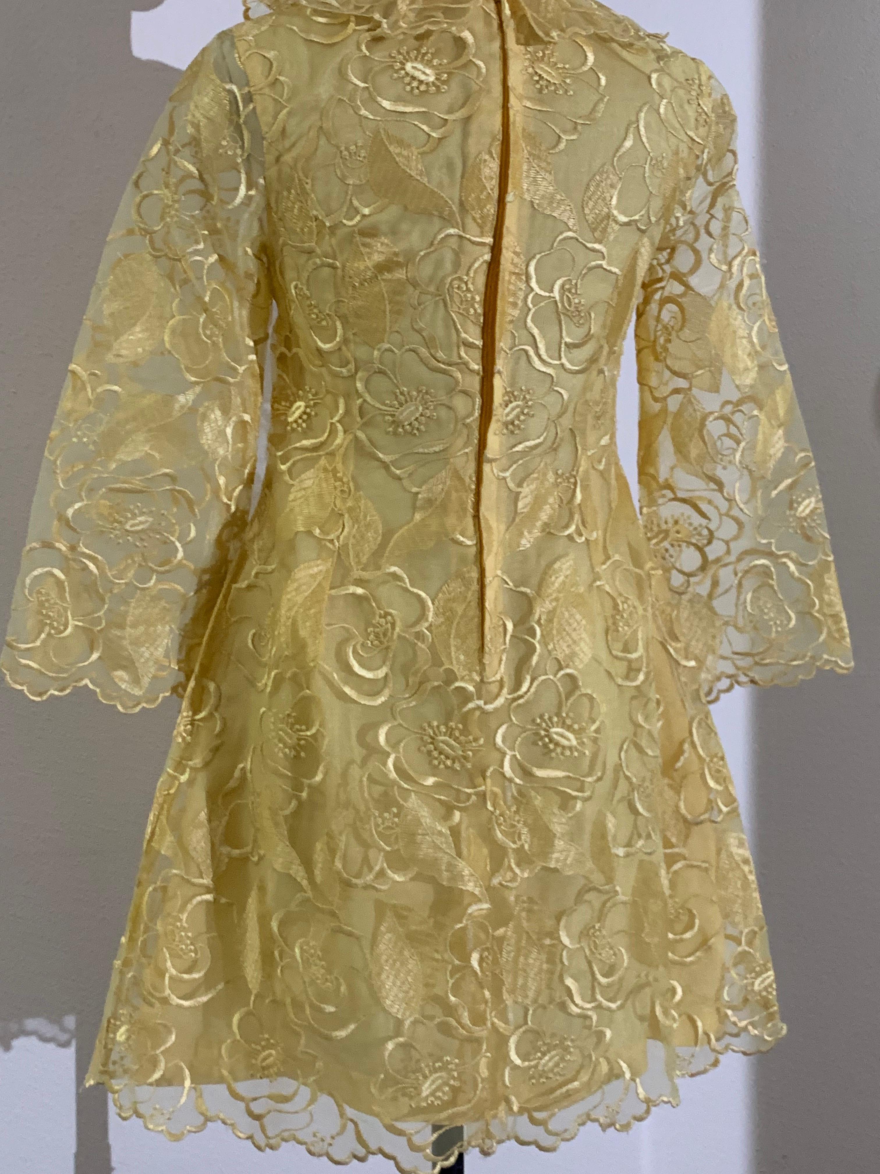 1960 Custom-Made Daffodil Yellow Embroidered Organza Mini Dress w Rhinestones For Sale 3