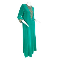 Vintage 1960 Custom Made Emerald Green Cotton Velvet & Jeweled Caftan