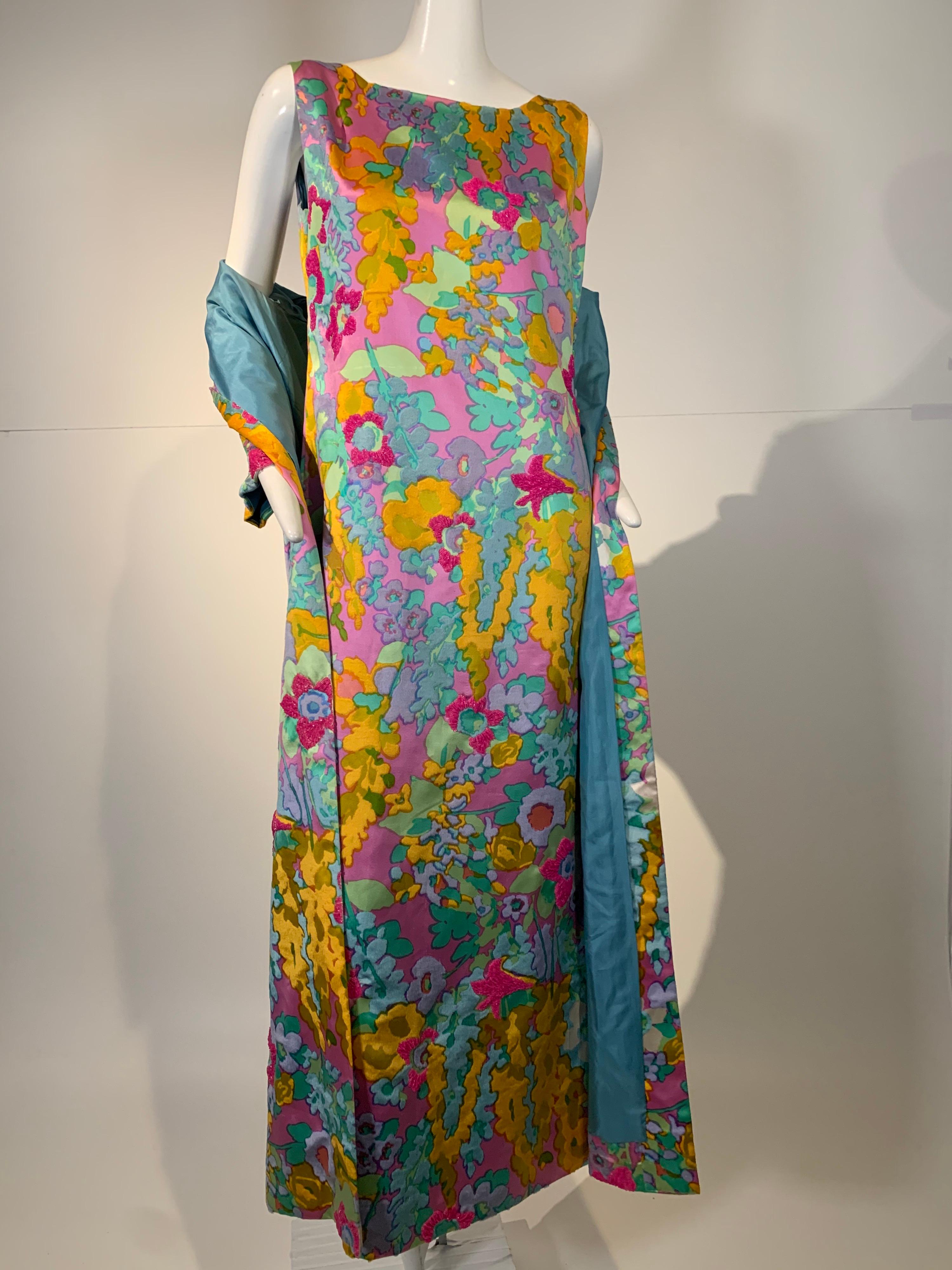 1960 Custom Made Resort Maxi Coat & Gown In Pastel Silk & Beaded Floral Print  7