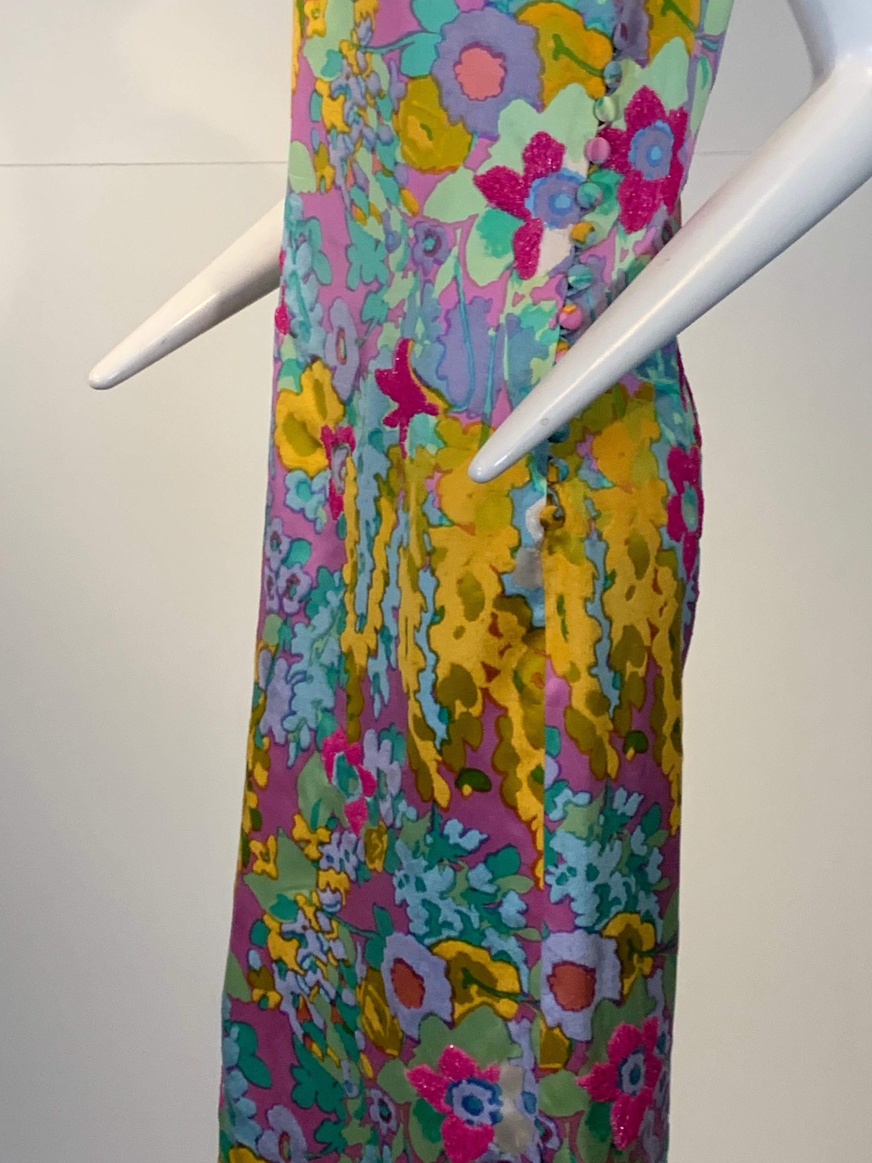 1960 Custom Made Resort Maxi Coat & Gown In Pastel Silk & Beaded Floral Print  9