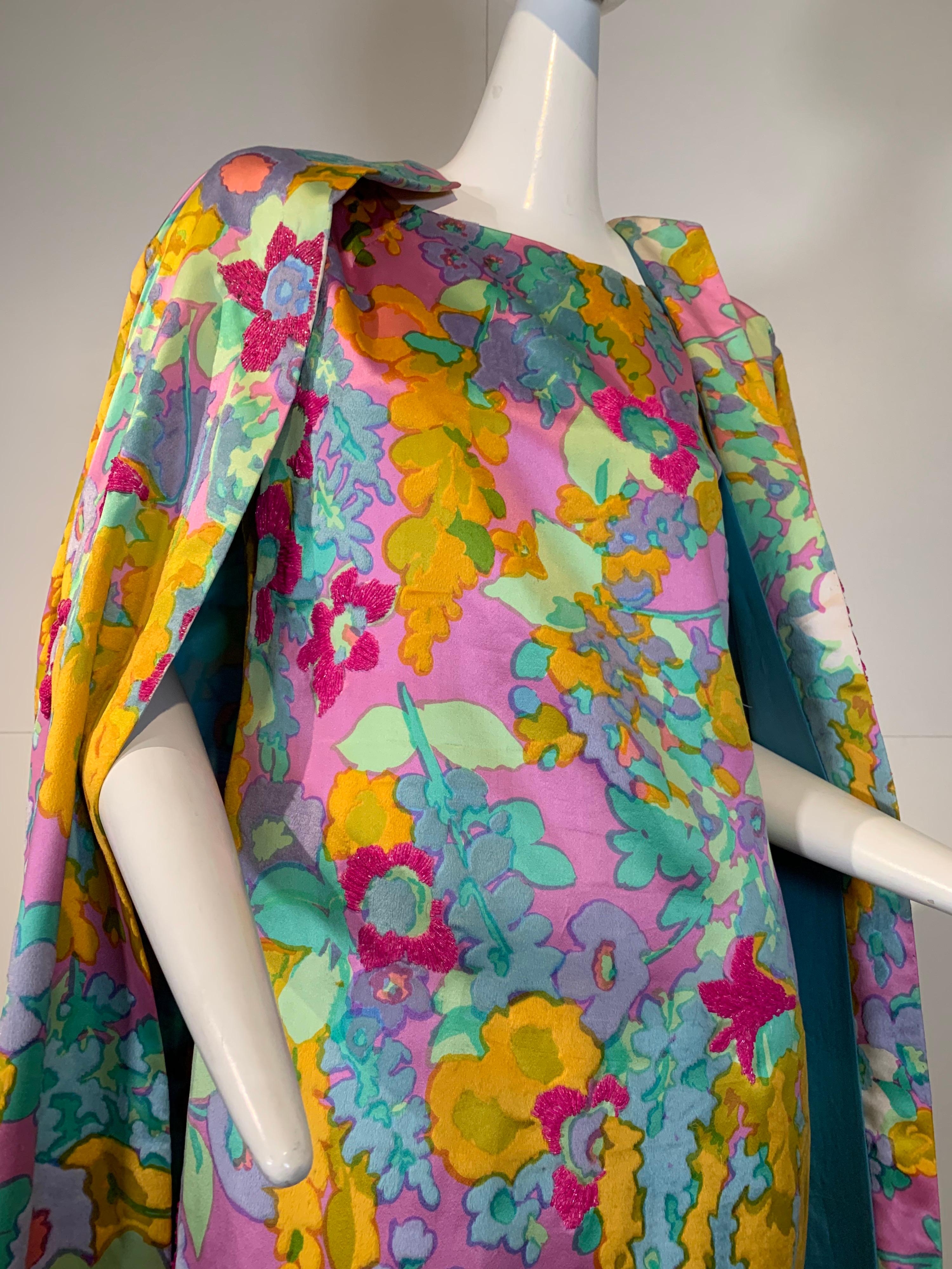 1960 Custom Made Resort Maxi Coat & Gown In Pastel Silk & Beaded Floral Print  13