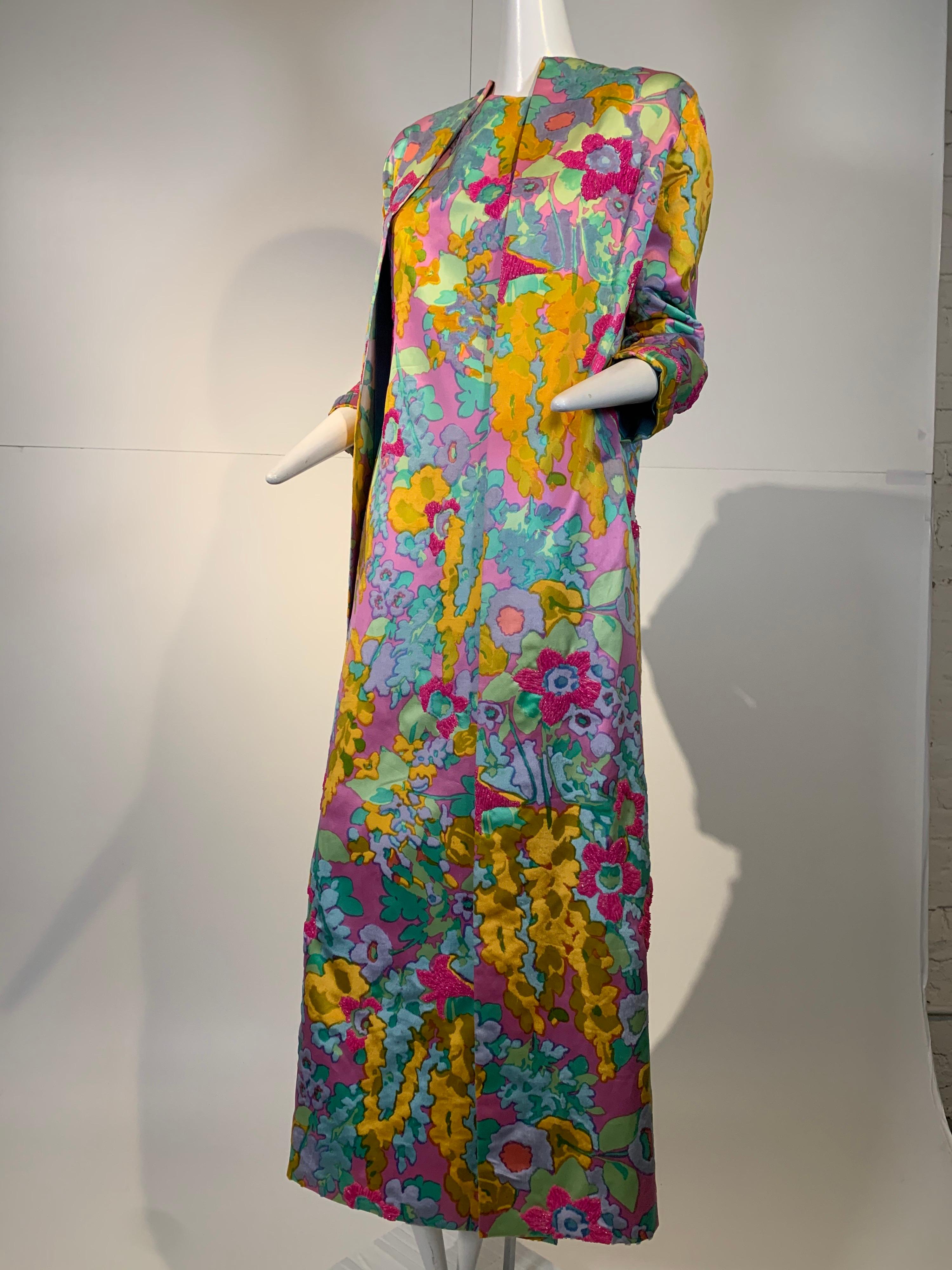 Women's 1960 Custom Made Resort Maxi Coat & Gown In Pastel Silk & Beaded Floral Print 