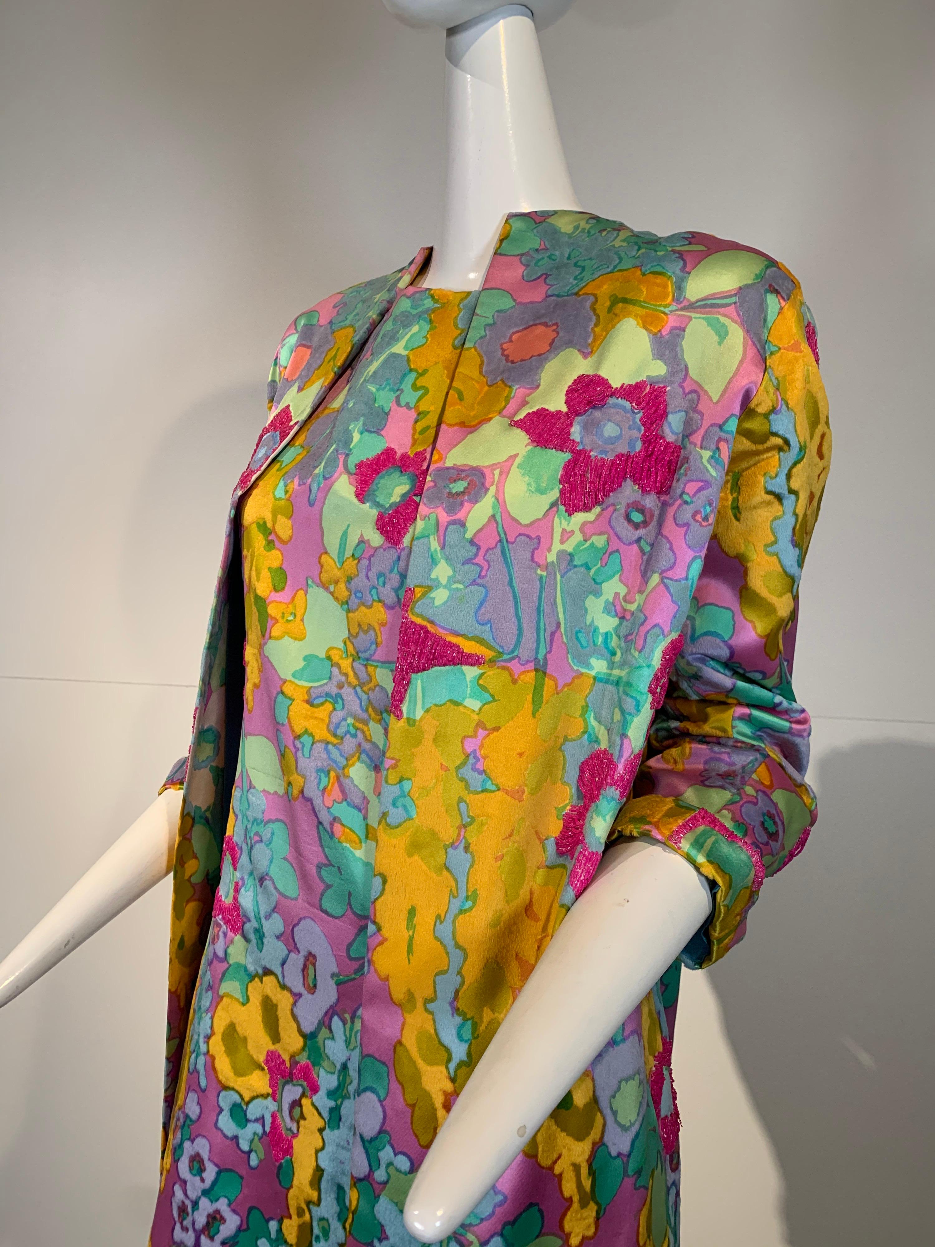 1960 Custom Made Resort Maxi Coat & Gown In Pastel Silk & Beaded Floral Print  1