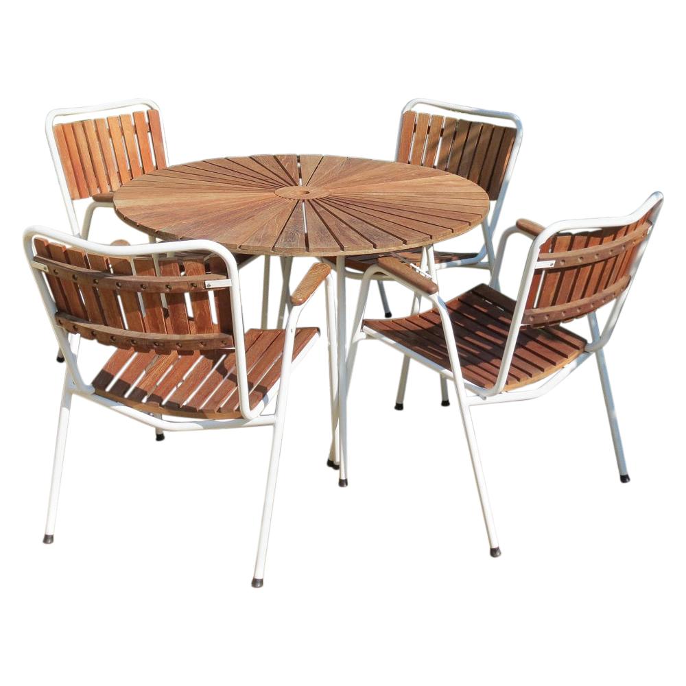 1960 Danish Daneline Garden Teak Table and Set of 4 Stackable Teak Garden Chairs
