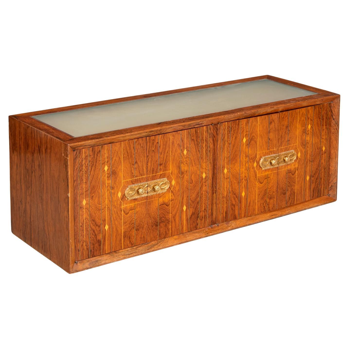 1960 David David, credenza a muro in palissandro intarsiato con piano in vetro illuminato in vendita