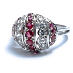 1960 Diamond Ruby 18K Gold Dome Cocktail Ring Band