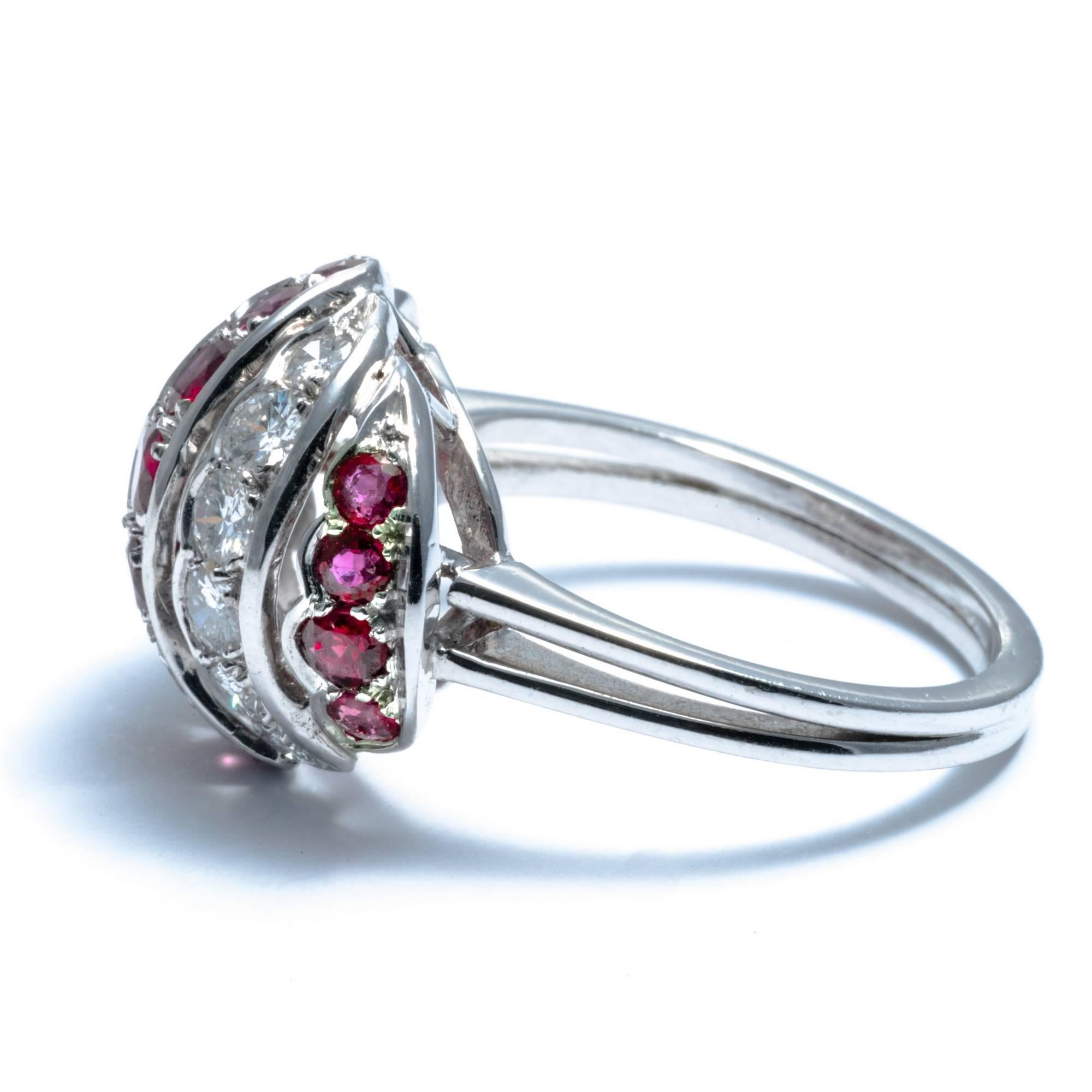 Round Cut 1960 Diamond Ruby 18K Gold Dome Cocktail Ring Band For Sale