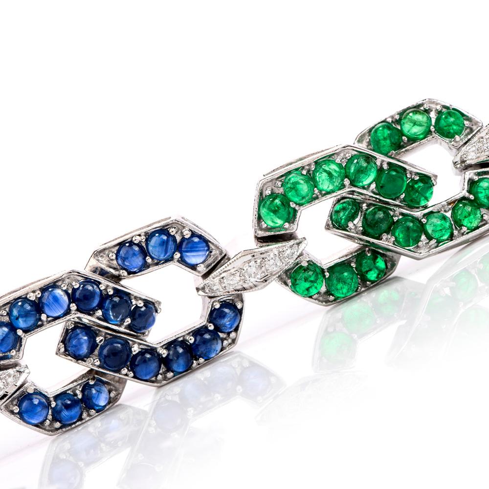 Modern 1960 Diamond Sapphire Emerald and Ruby 18 Karat Gold Link Bracelet