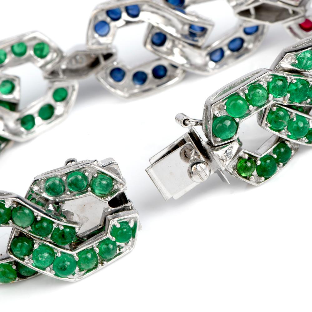 Emerald Cut 1960 Diamond Sapphire Emerald and Ruby 18 Karat Gold Link Bracelet