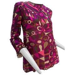 1960 Emilio Pucci Silk Chiffon Mod Print Tunic Top In Fuchsia Pink Tan