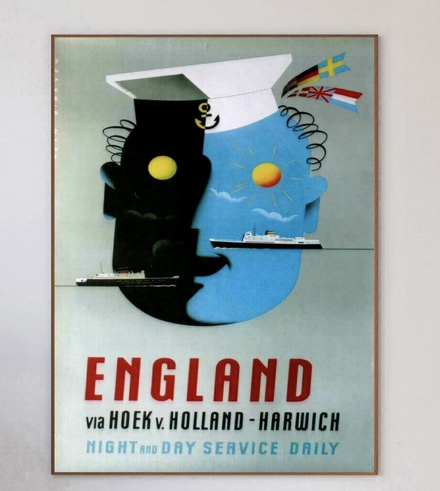 With wonderful & charming design by Reyn Dirksen depicting a sailors face with ships floating across, this poster promoting the ferry line from Holland to England was produced in 1960 and is is true Mid-Century Modern marvel. 

Departing from Hoek