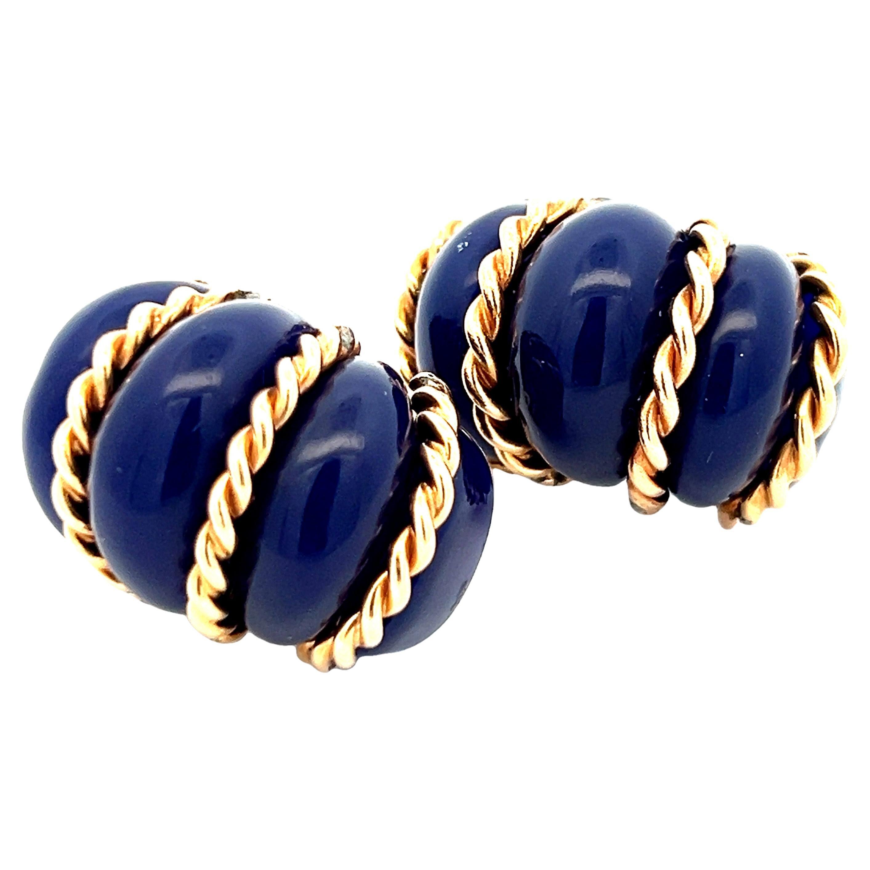 Orecchini a clip a coste in oro 14K e agata blu di proprietà del 1960