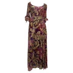 1960 Exotic Gold Lame Floral Print Maxi Dress W/ High Side Slit