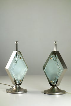 1960 Fontana Arte Italian Design Space Age Glass Nickel Brass 2 Table Lamps