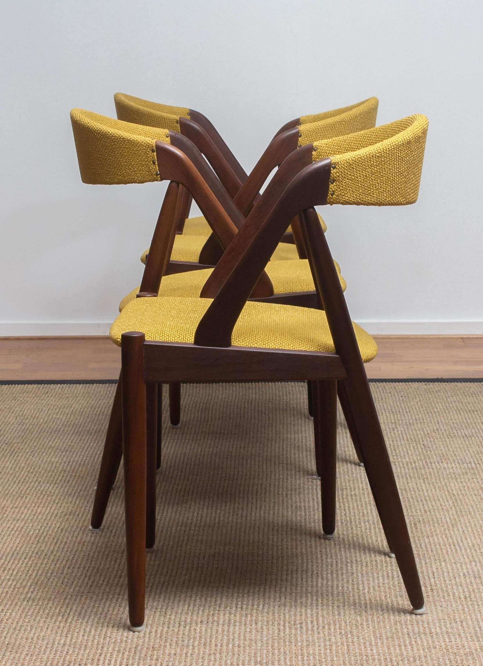 1960 Four Walnut Dining Chairs in Ochre Model 31 by Kai Kristiansen, Denmark 3