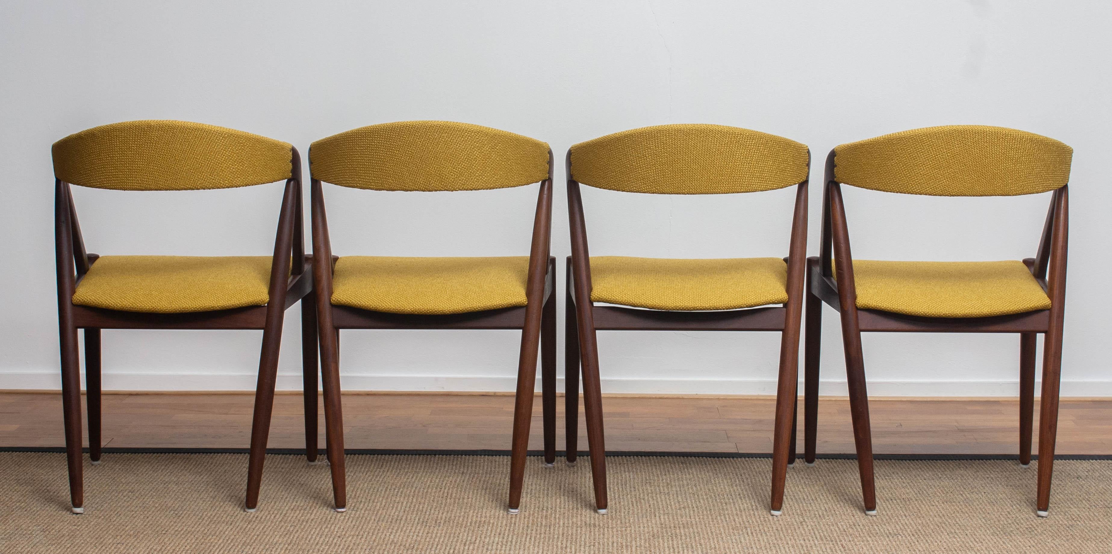 1960 Four Walnut Dining Chairs in Ochre Model 31 by Kai Kristiansen, Denmark 4