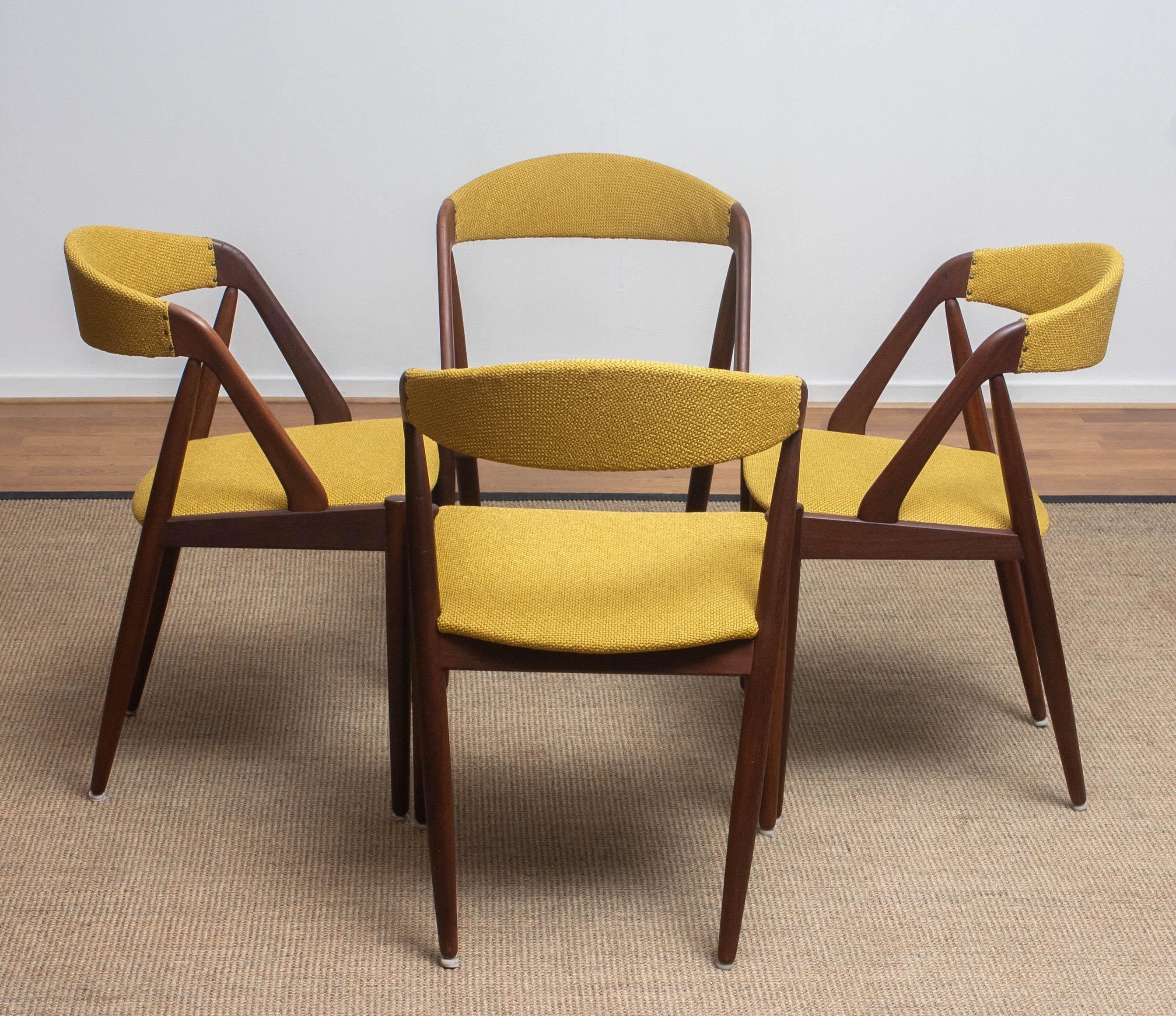 1960 Four Walnut Dining Chairs in Ochre Model 31 by Kai Kristiansen, Denmark 5