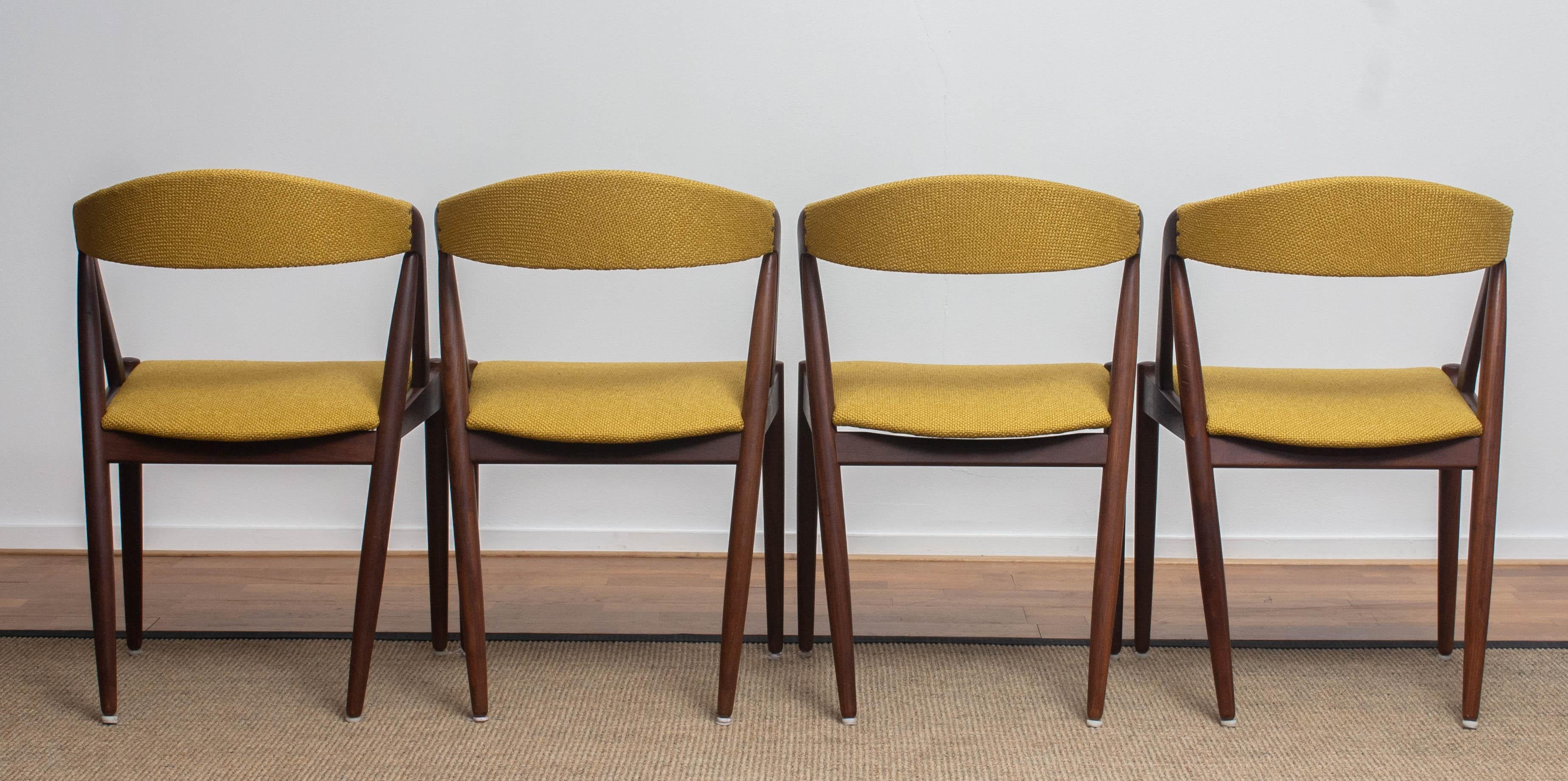 1960 Four Walnut Dining Chairs in Ochre Model 31 by Kai Kristiansen, Denmark 5