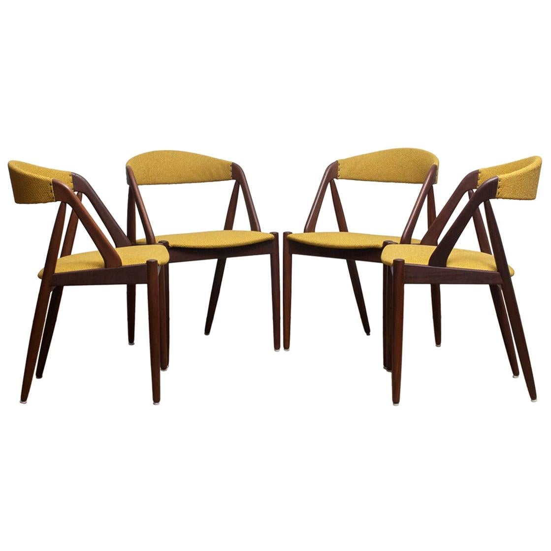Scandinavian Modern 1960 Four Walnut Dining Chairs in Ochre Model 31 by Kai Kristiansen, Denmark