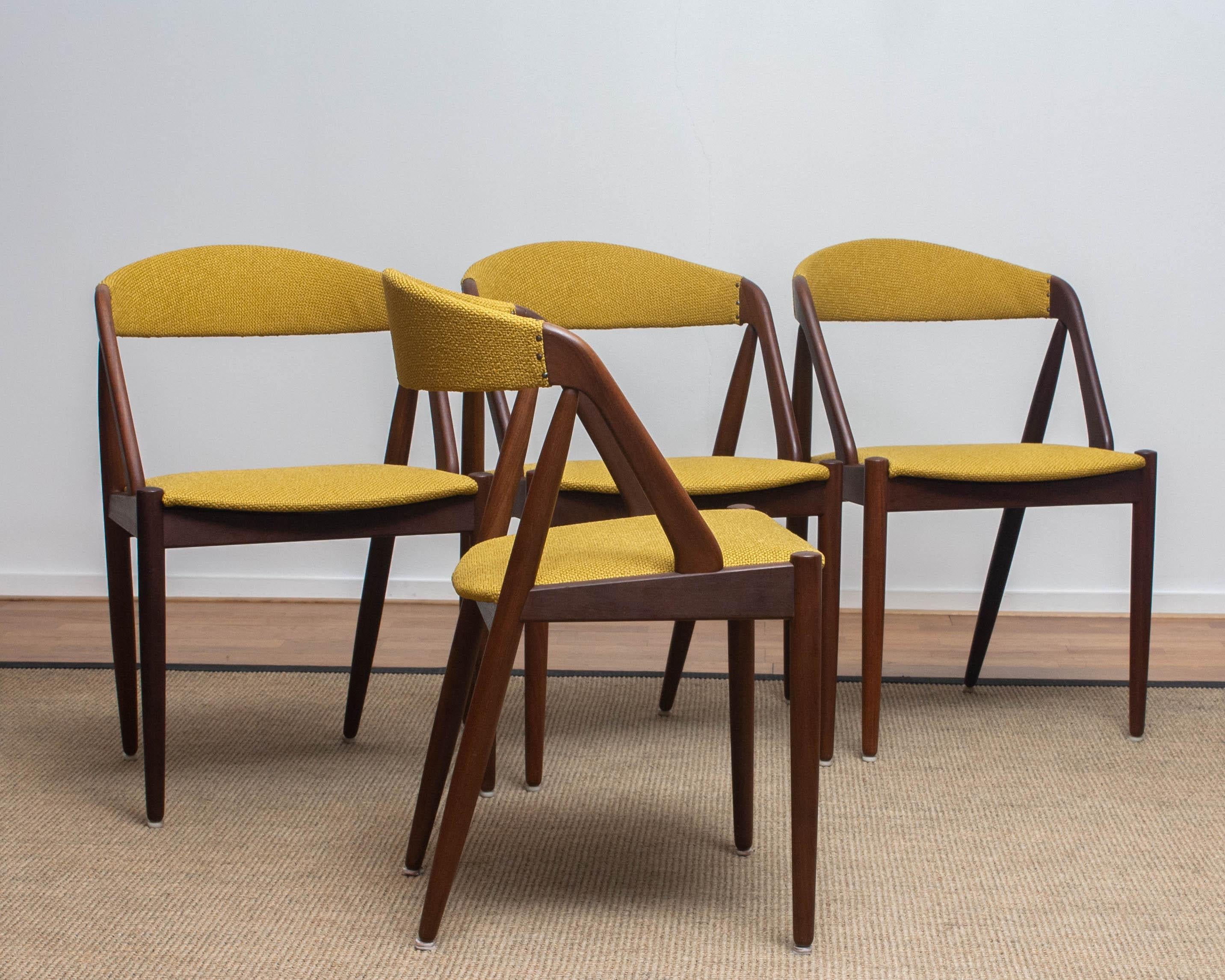 Danish 1960 Four Walnut Dining Chairs in Ochre Model 31 by Kai Kristiansen, Denmark