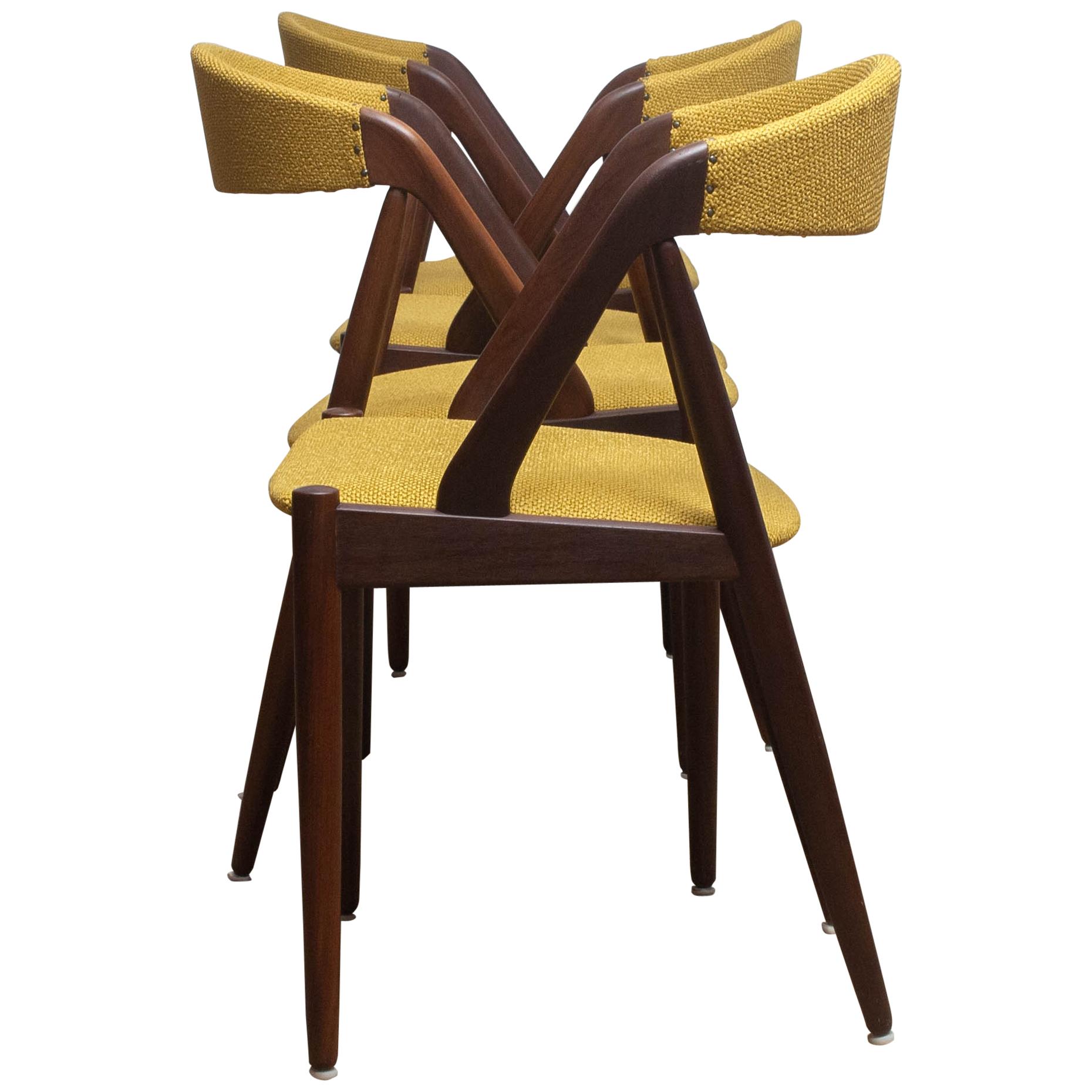 Danish 1960 Four Walnut Dining Chairs in Ochre Model 31 by Kai Kristiansen, Denmark