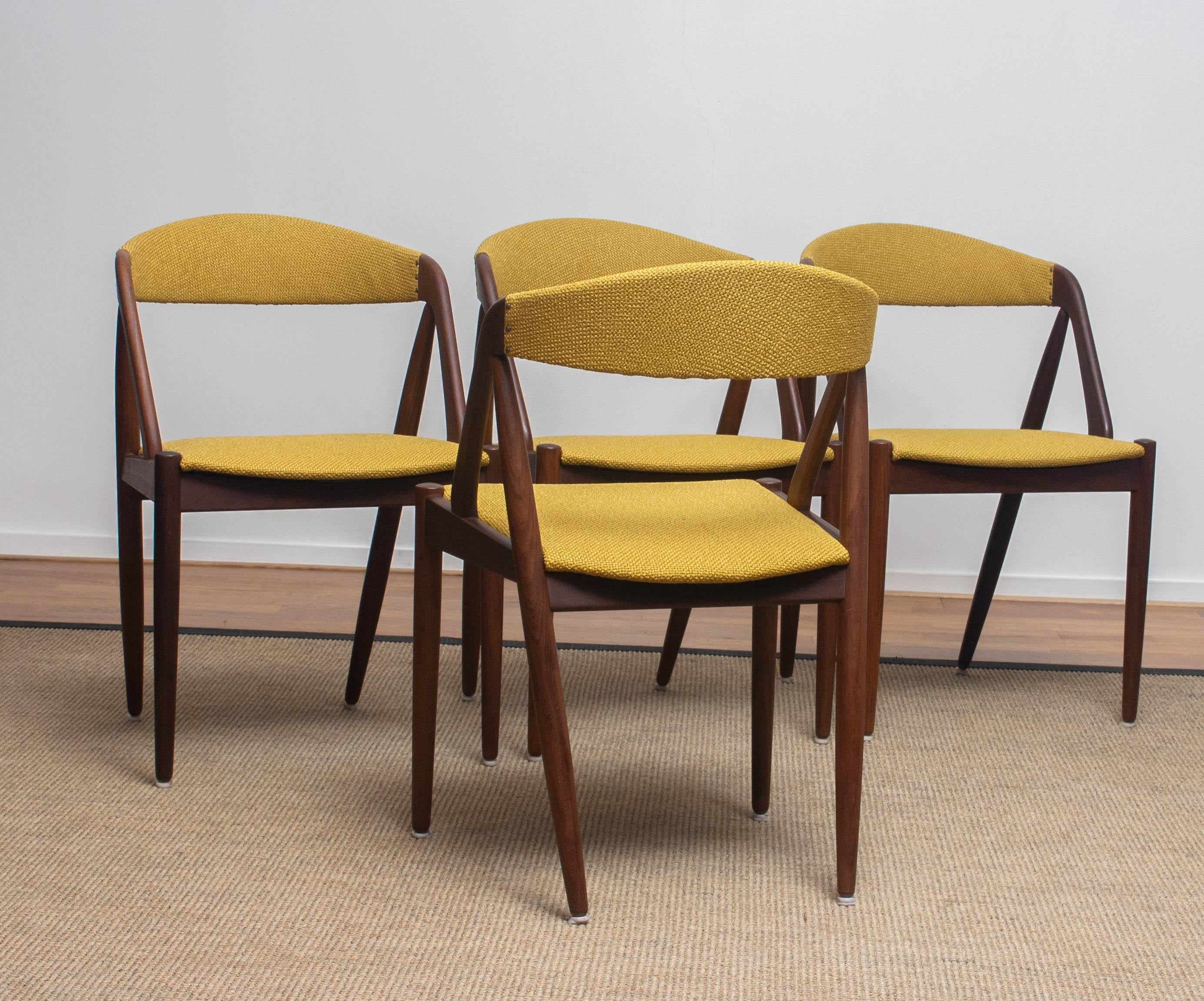 Fabric 1960 Four Walnut Dining Chairs in Ochre Model 31 by Kai Kristiansen, Denmark